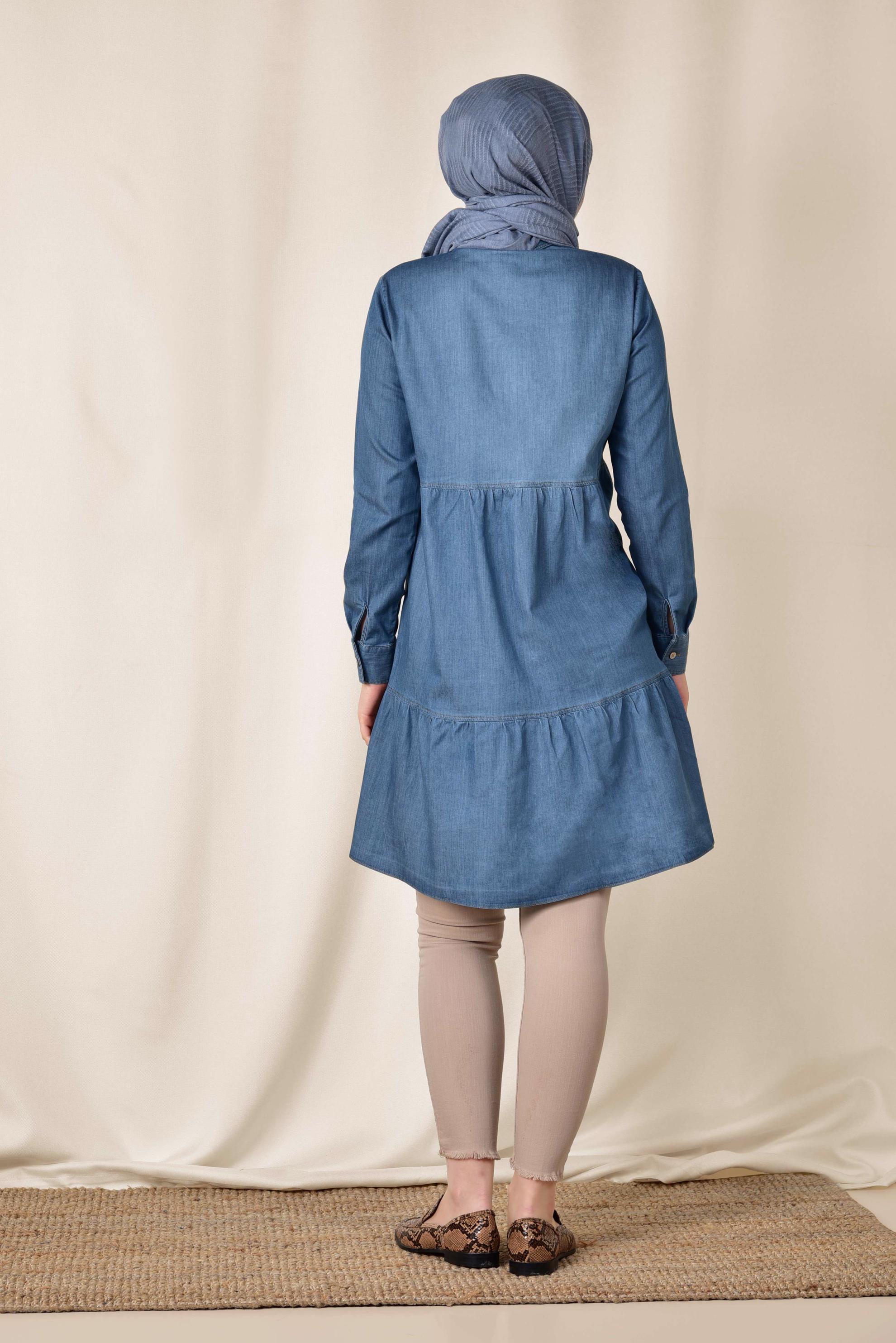 Tesettür giyim LACİVERT BOYDAN DÜĞMELİ DENİM TUNİK 4021