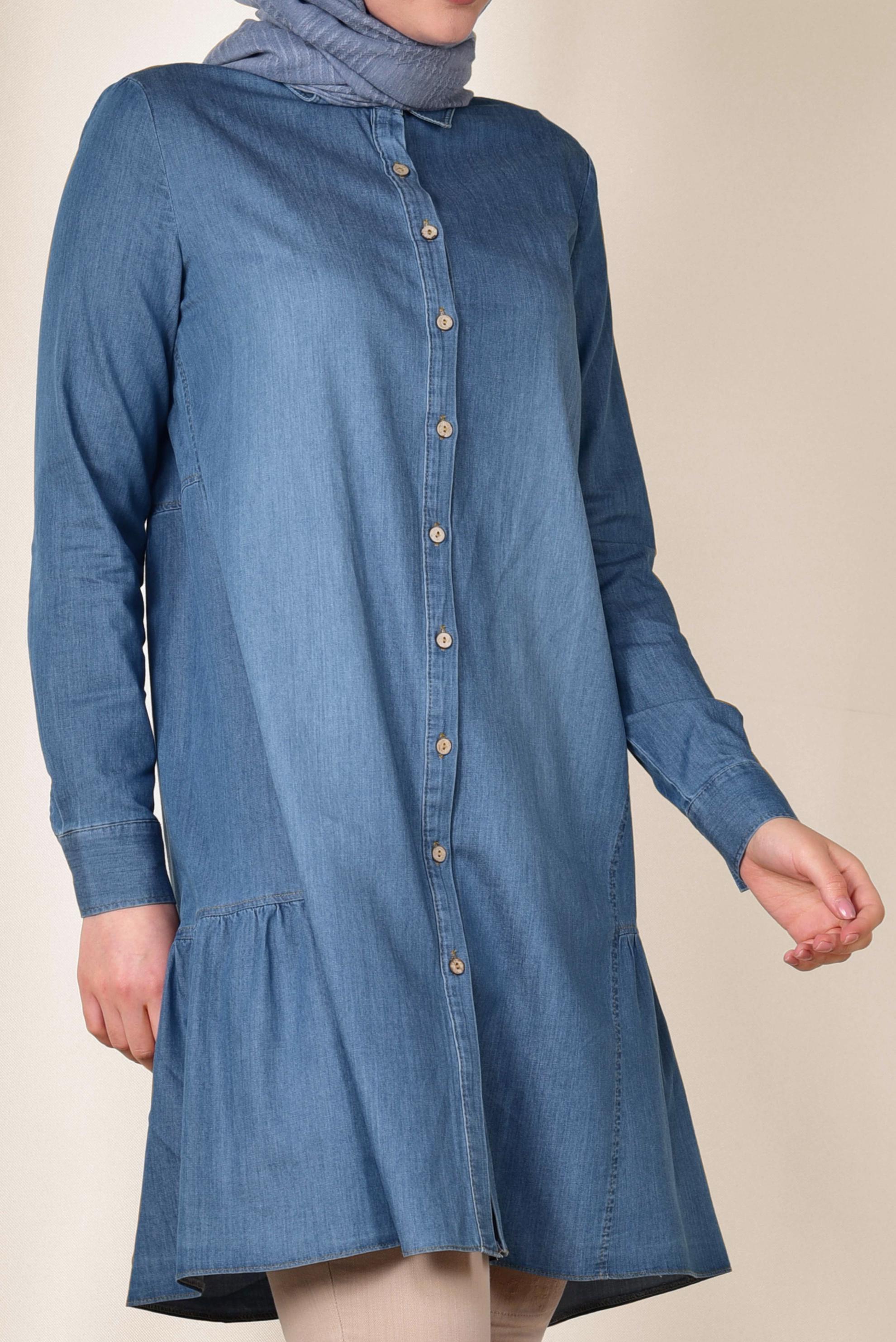 Tesettür giyim LACİVERT BOYDAN DÜĞMELİ DENİM TUNİK 4021