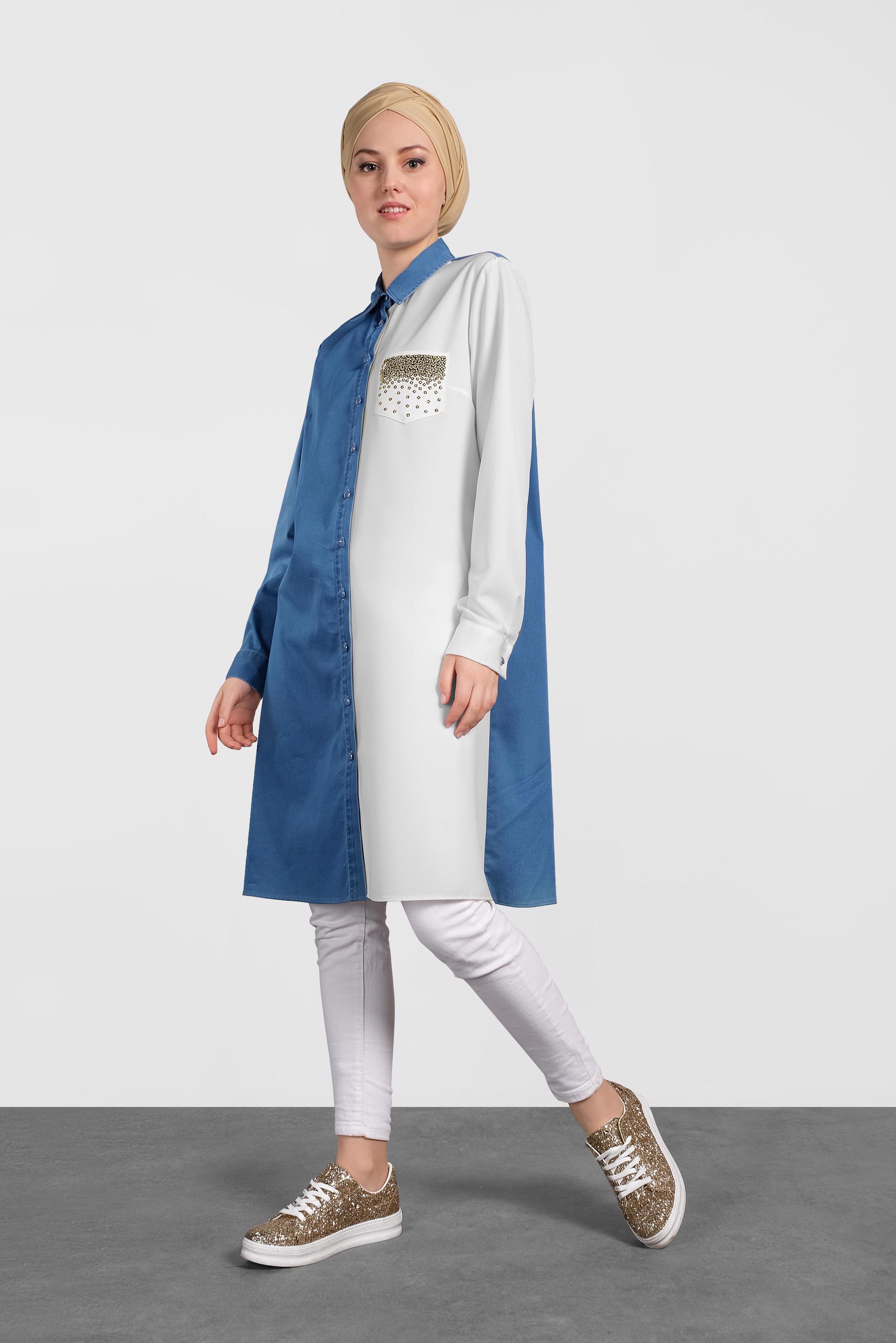 Tesettür giyim MAVİ MİX KUMAŞLI PAMUKLU TUNİK 4028