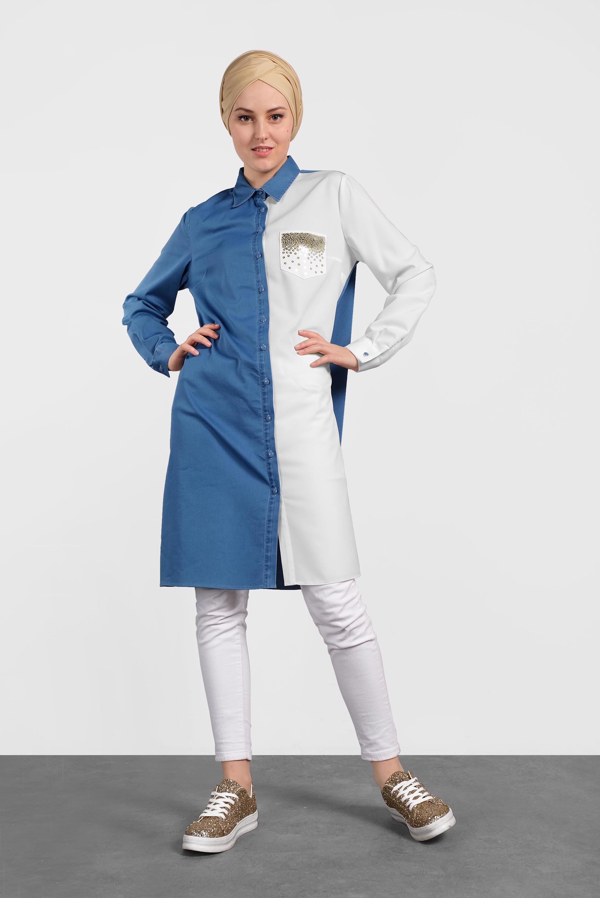 Tesettür giyim MAVİ MİX KUMAŞLI PAMUKLU TUNİK 4028