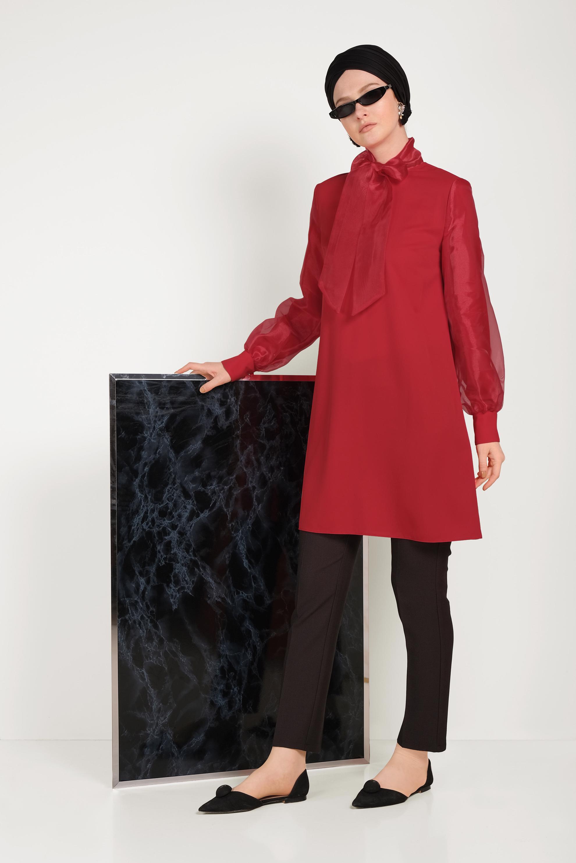 Tesettür giyim KIRMIZI TÜL DETAYLI TUNİK 40441