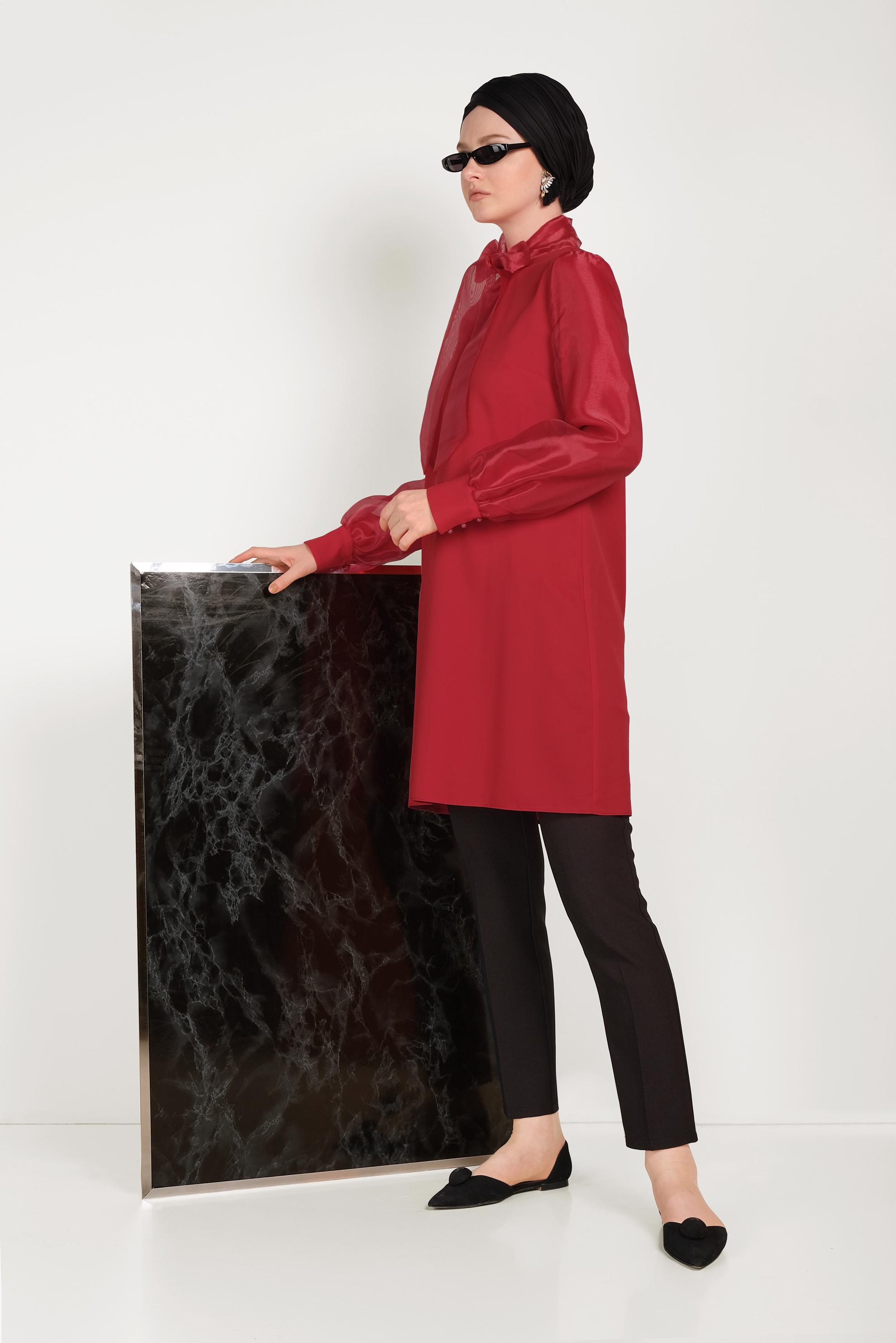 Tesettür giyim KIRMIZI TÜL DETAYLI TUNİK 40441