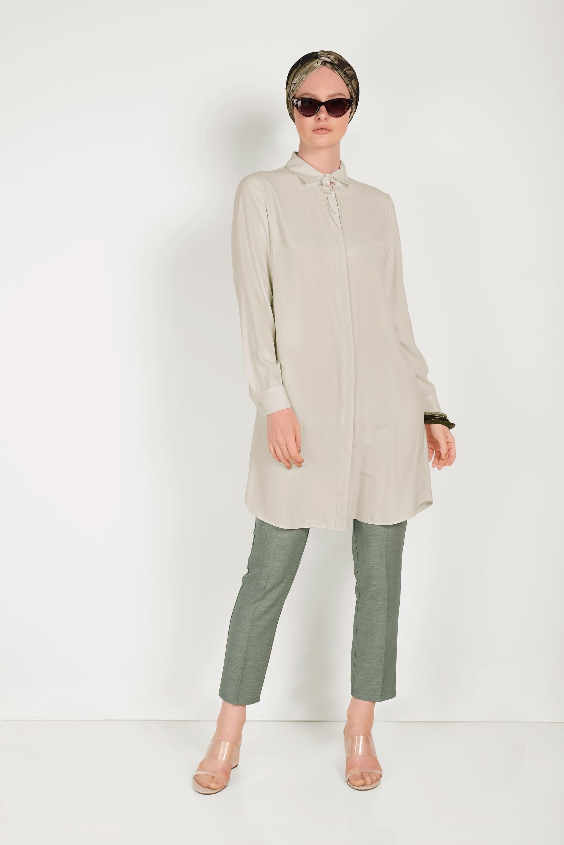 Tesettür giyim BEJ GİZLİ DÜĞMELİ KLASİK TUNİK 40442