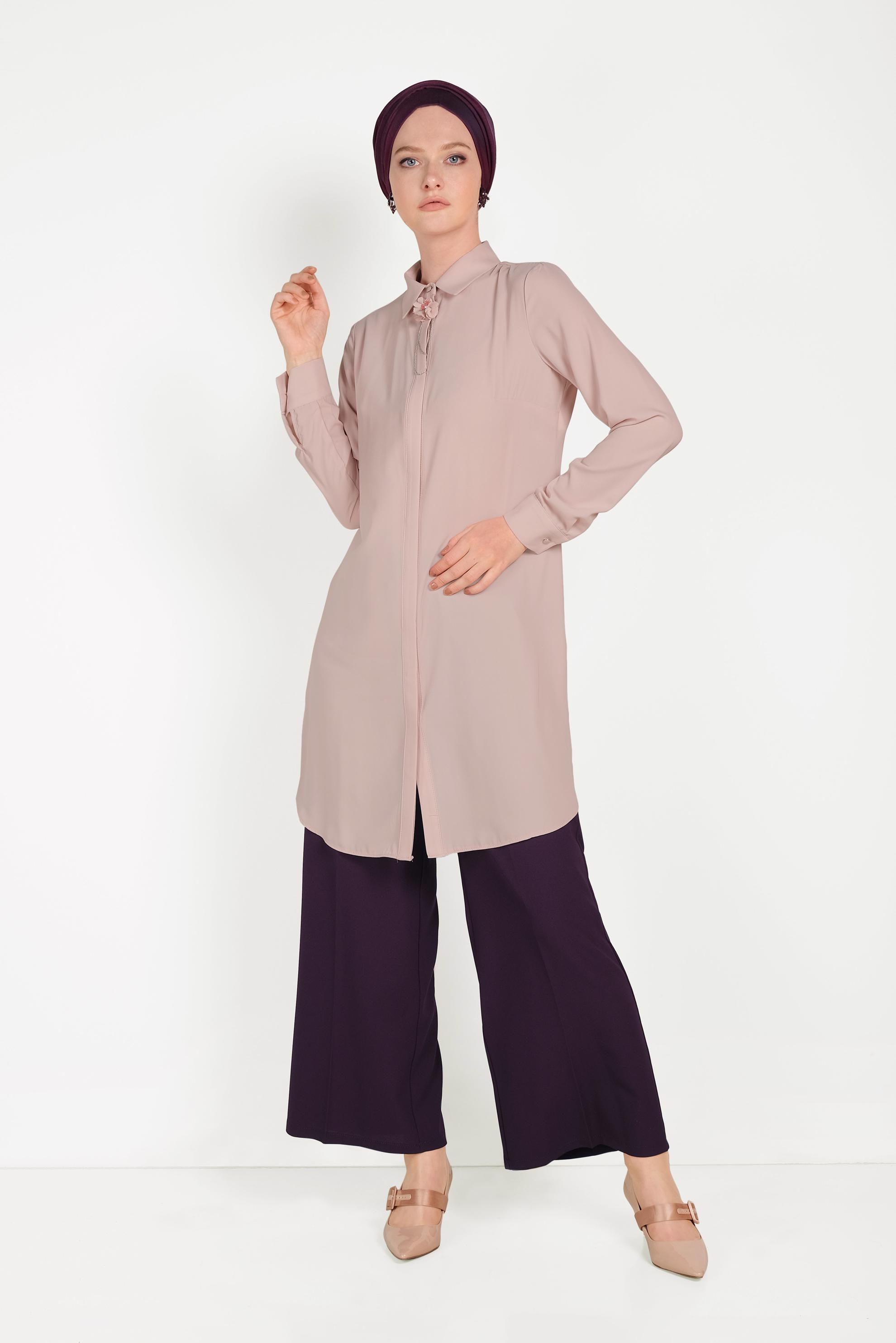 Tesettür giyim PUDRA GİZLİ DÜĞMELİ KLASİK TUNİK 40442