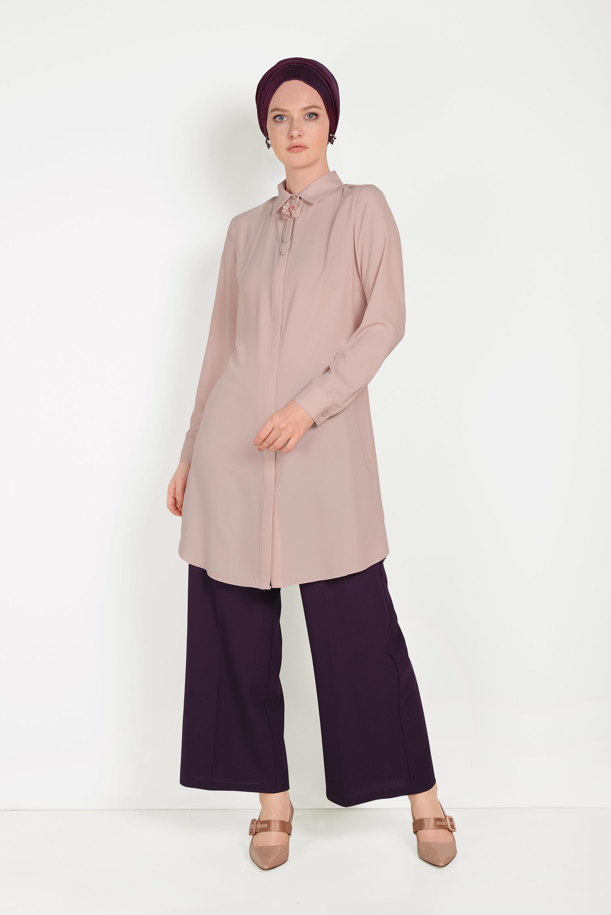 Tesettür giyim PUDRA GİZLİ DÜĞMELİ KLASİK TUNİK 40442