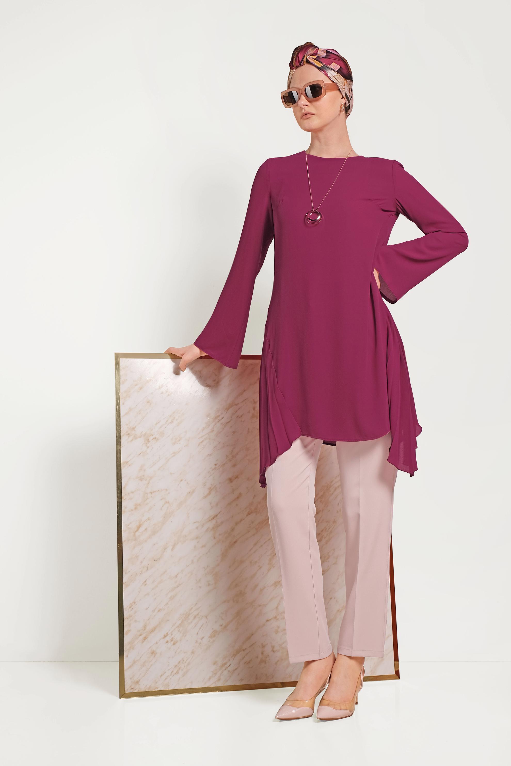 Tesettür giyim MOR YANLARI PİLİSELİ TUNİK 40443