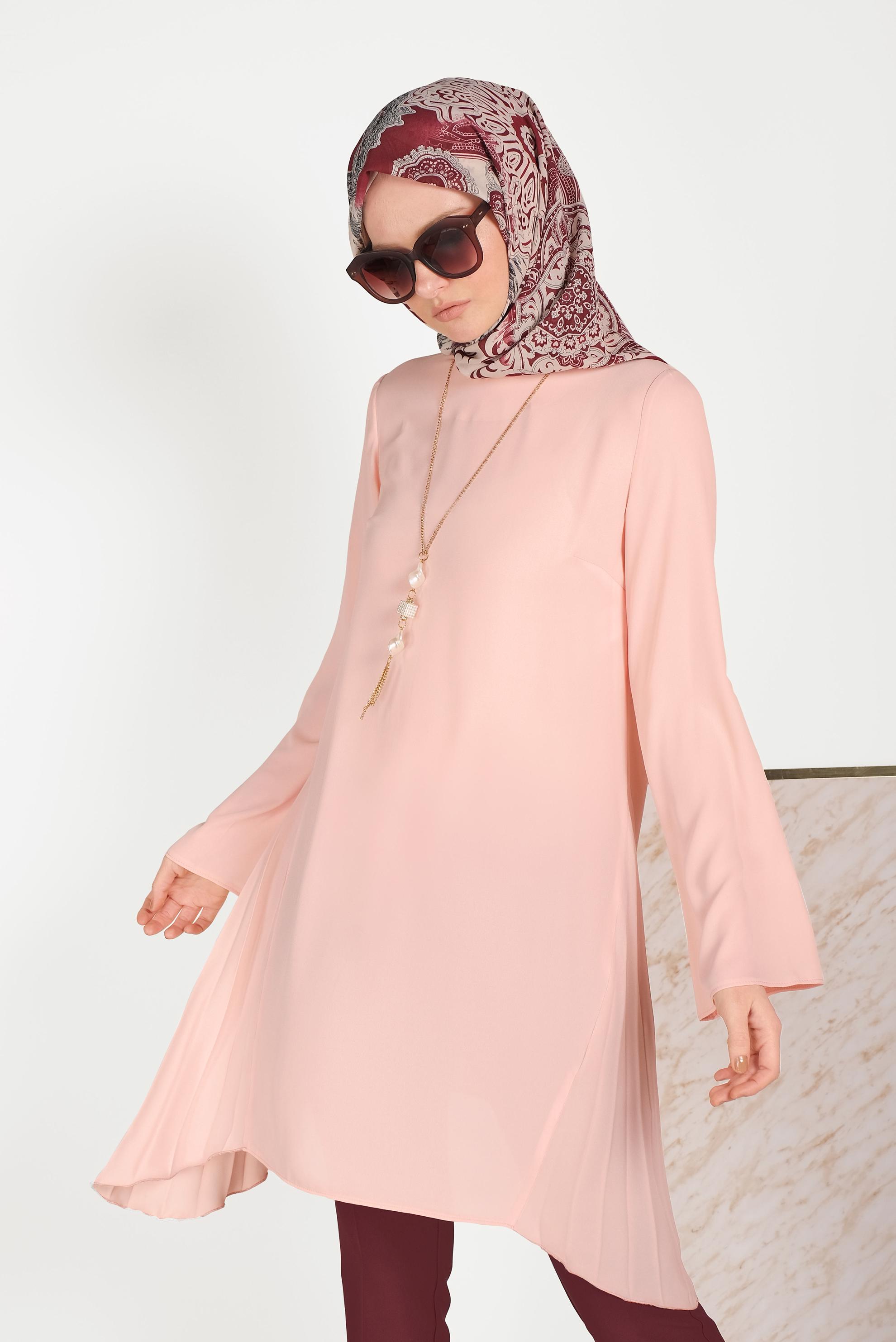 Tesettür giyim PUDRA YANLARI PİLİSELİ TUNİK 40443