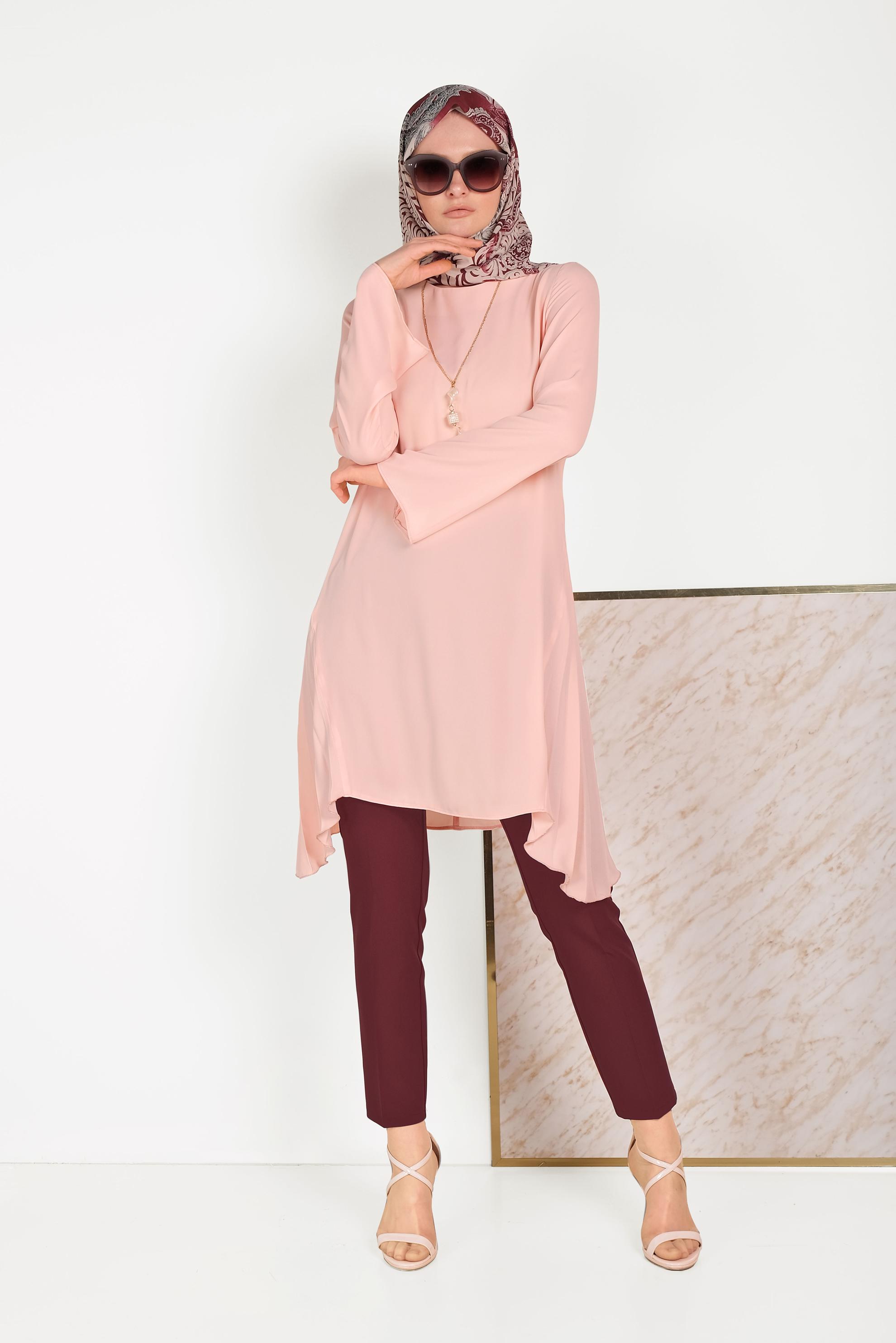 Tesettür giyim PUDRA YANLARI PİLİSELİ TUNİK 40443