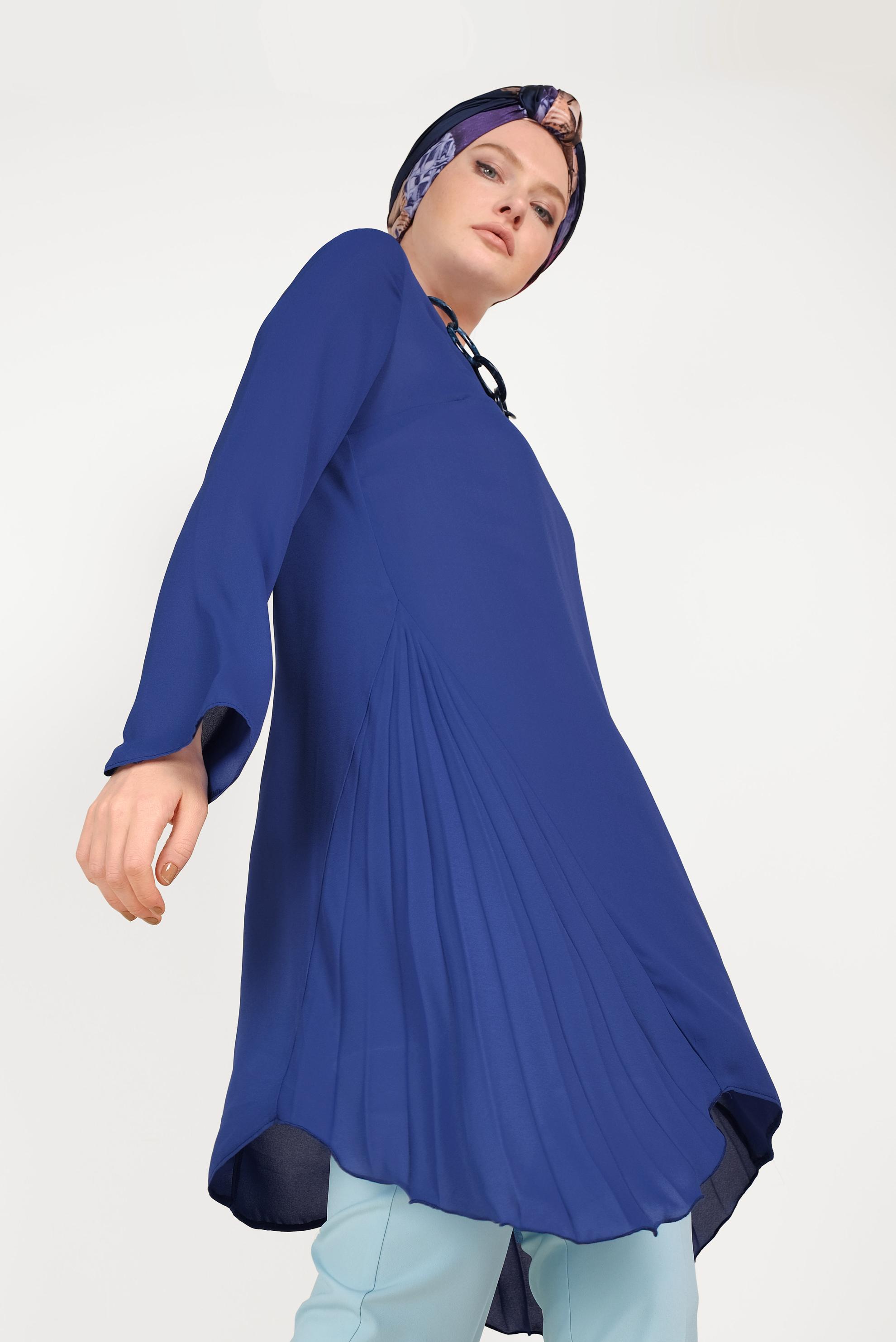 Tesettür giyim MAVİ YANLARI PİLİSELİ TUNİK 40443