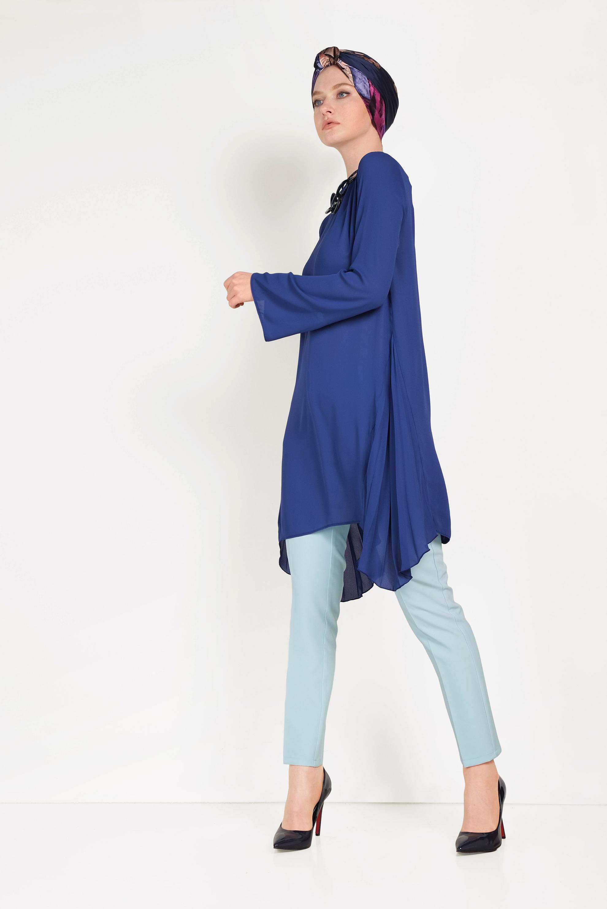 Tesettür giyim MAVİ YANLARI PİLİSELİ TUNİK 40443