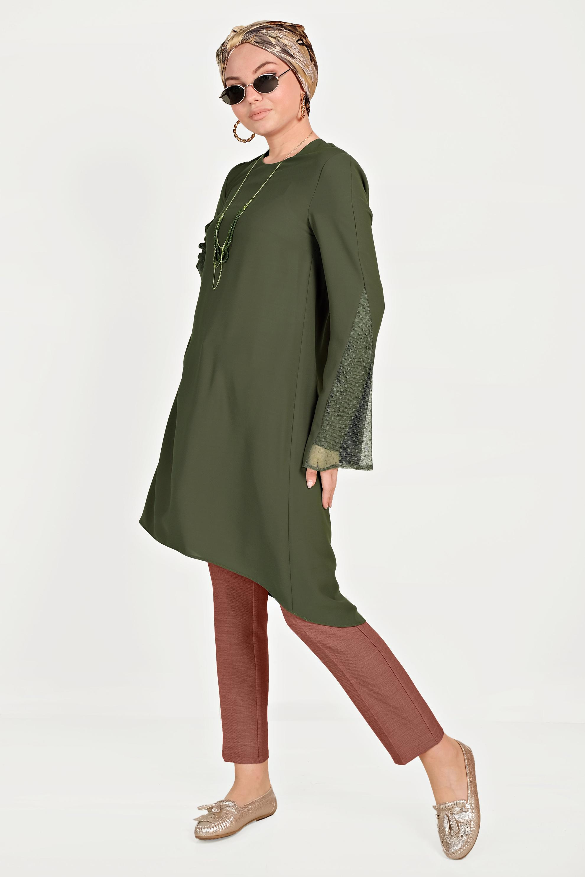 Tesettür giyim HAKİ KOLLARI TÜLLÜ TUNİK 40444