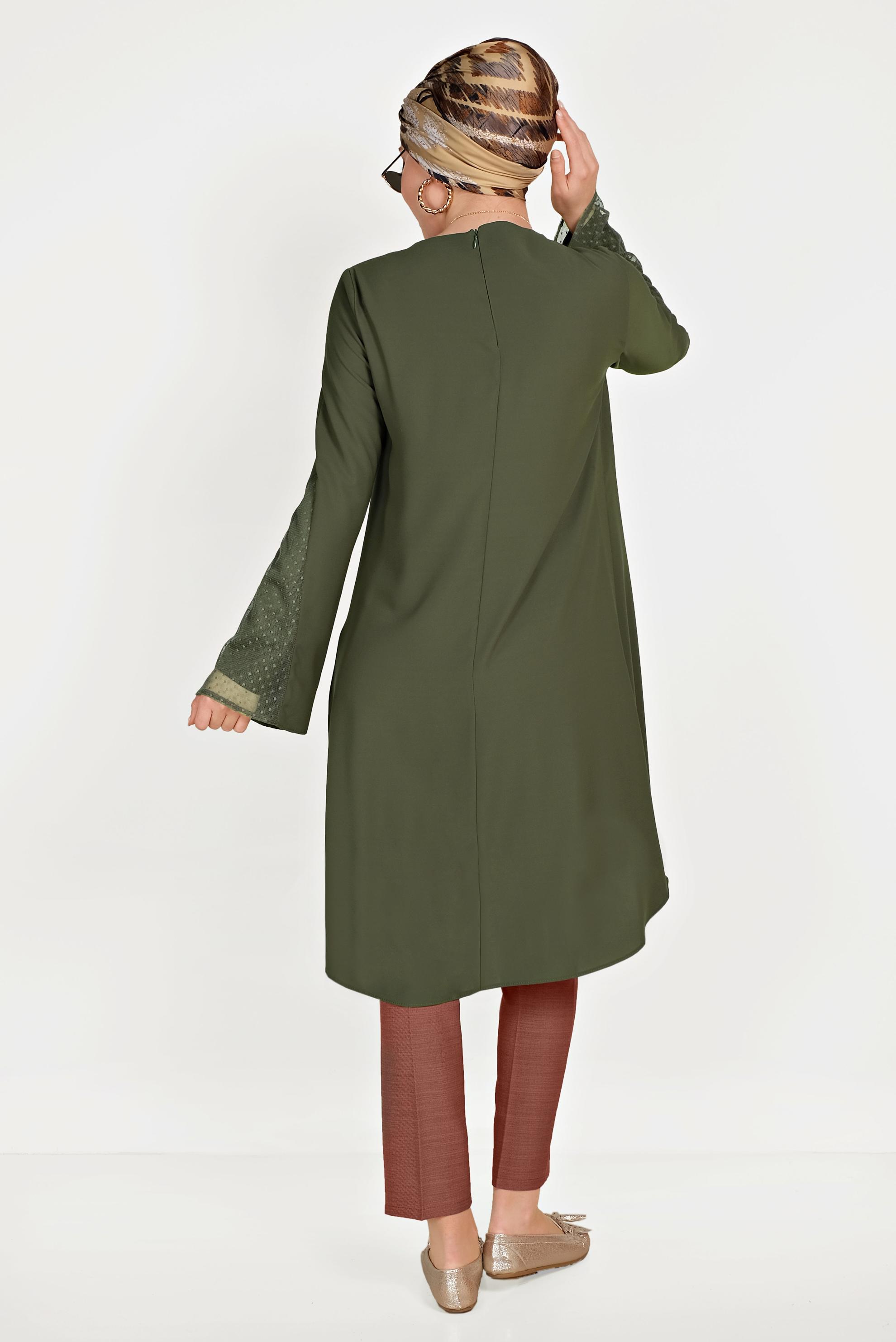 Tesettür giyim HAKİ KOLLARI TÜLLÜ TUNİK 40444