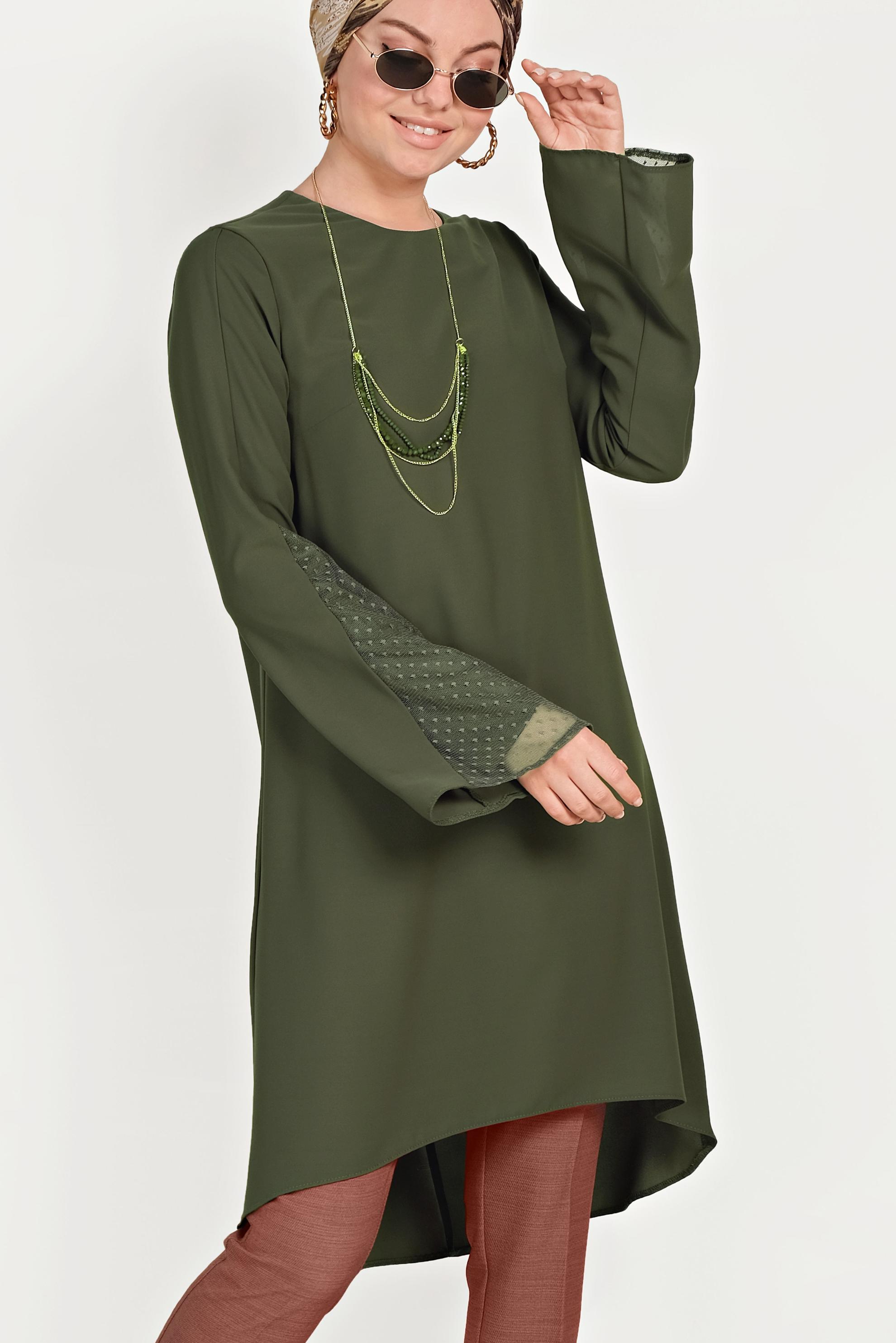 Tesettür giyim HAKİ KOLLARI TÜLLÜ TUNİK 40444