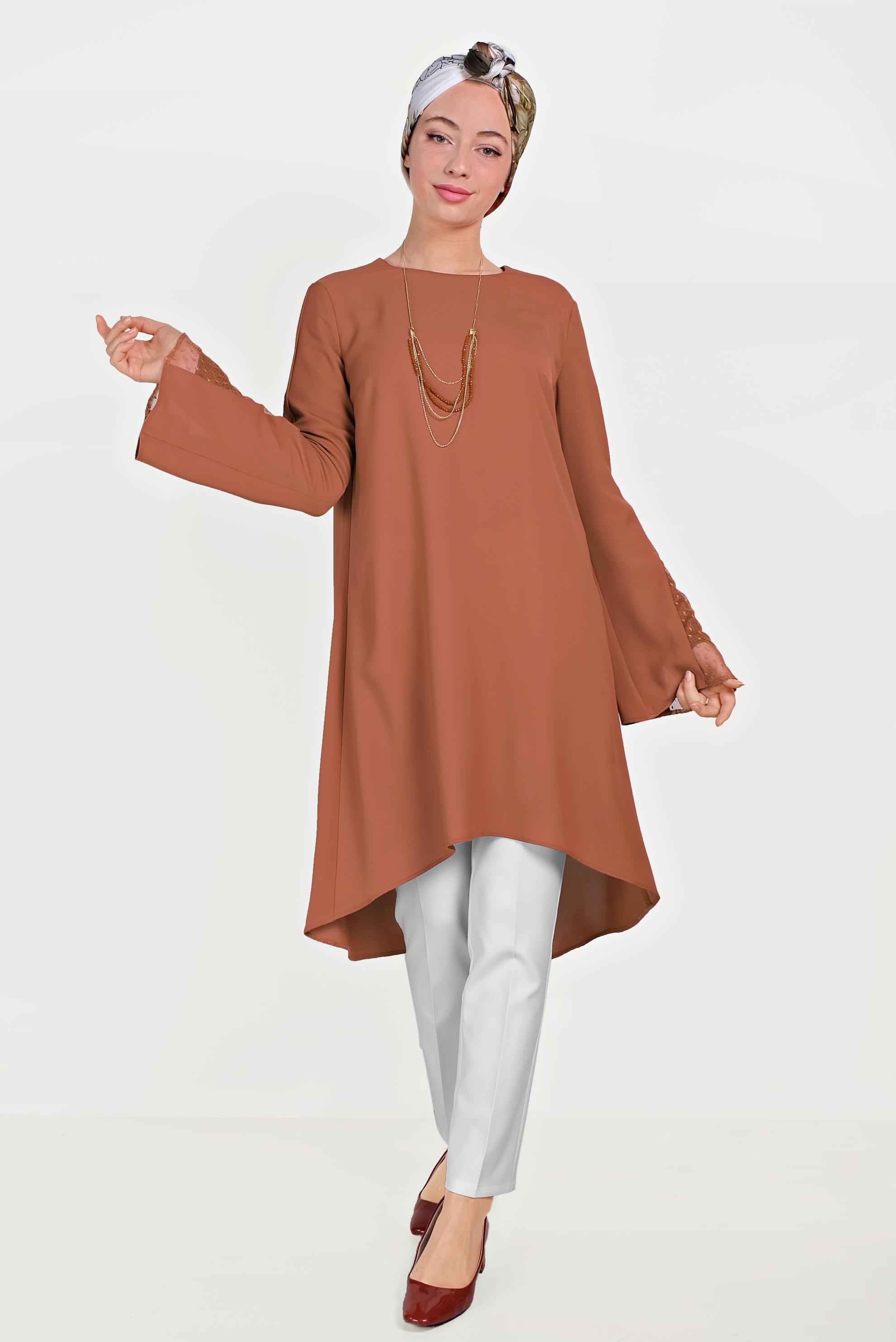 Tesettür giyim TURUNCU KOLLARI TÜLLÜ TUNİK 40444