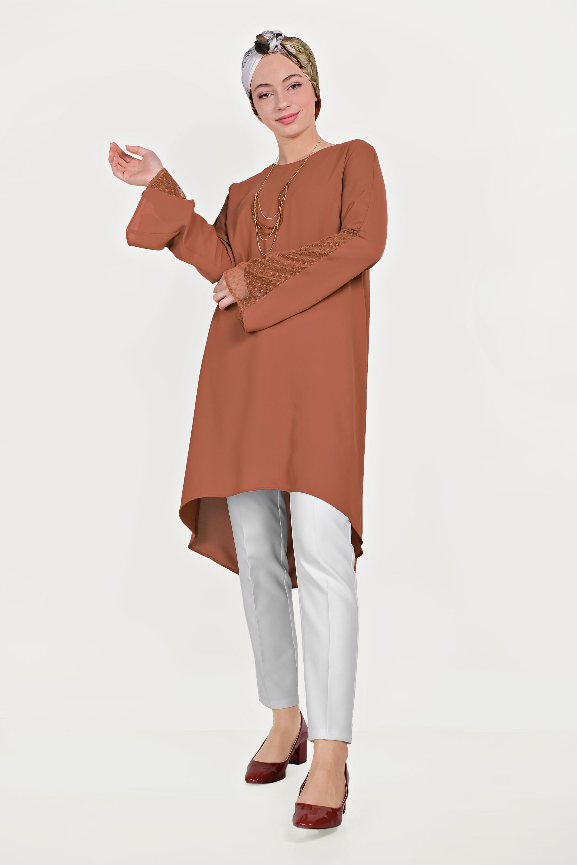 Tesettür giyim TURUNCU KOLLARI TÜLLÜ TUNİK 40444