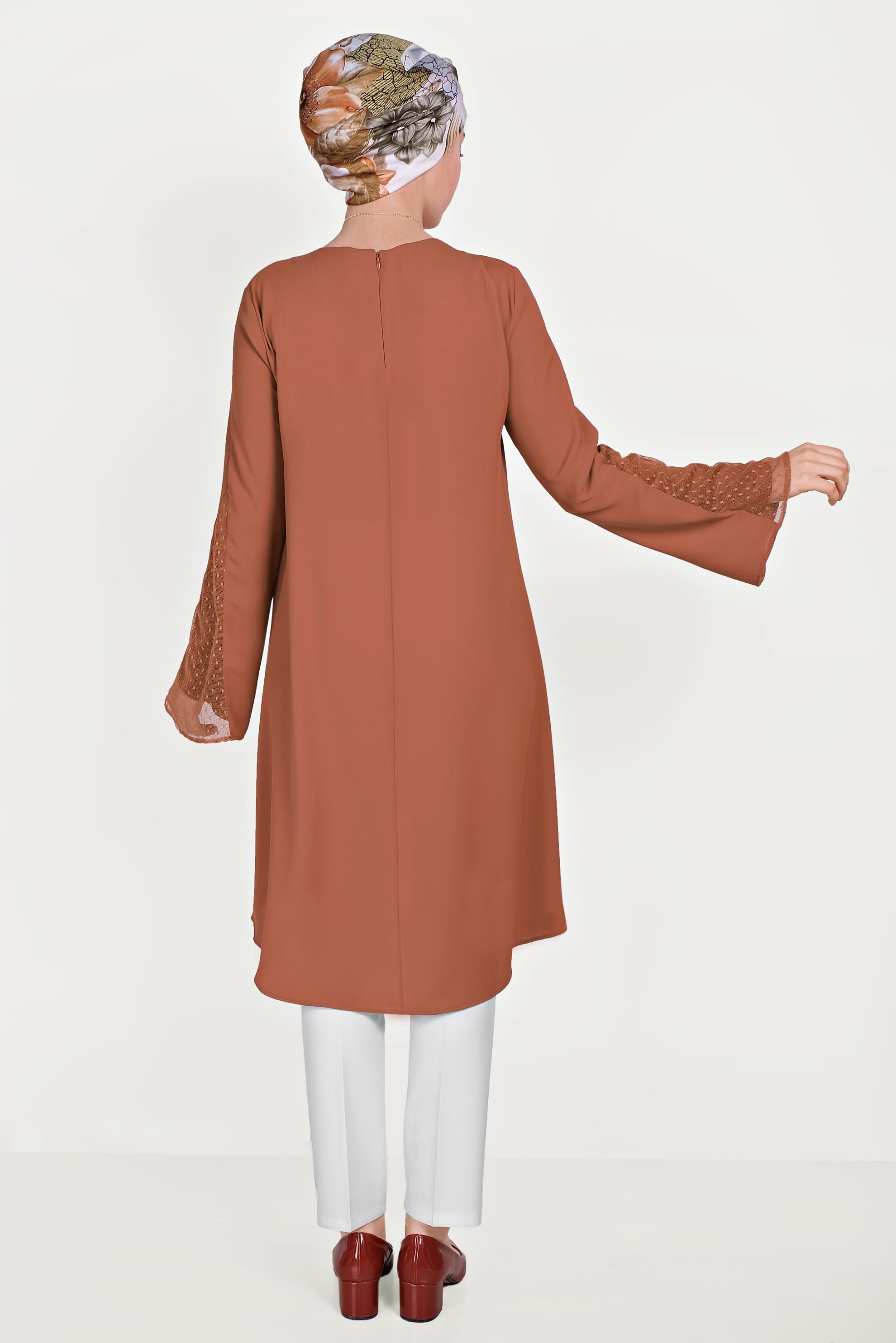 Tesettür giyim TURUNCU KOLLARI TÜLLÜ TUNİK 40444