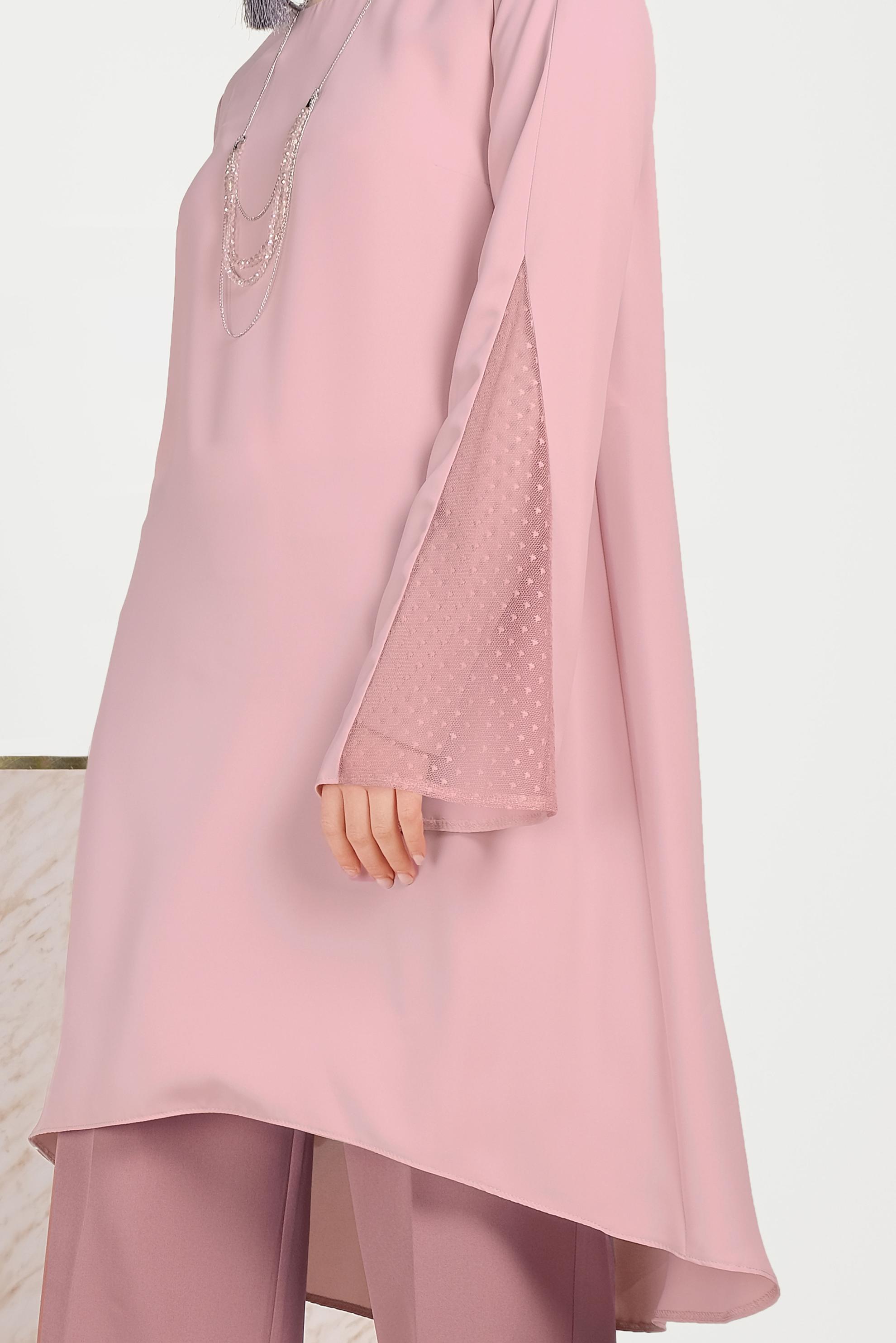 Tesettür giyim PUDRA KOLLARI TÜLLÜ TUNİK 40444