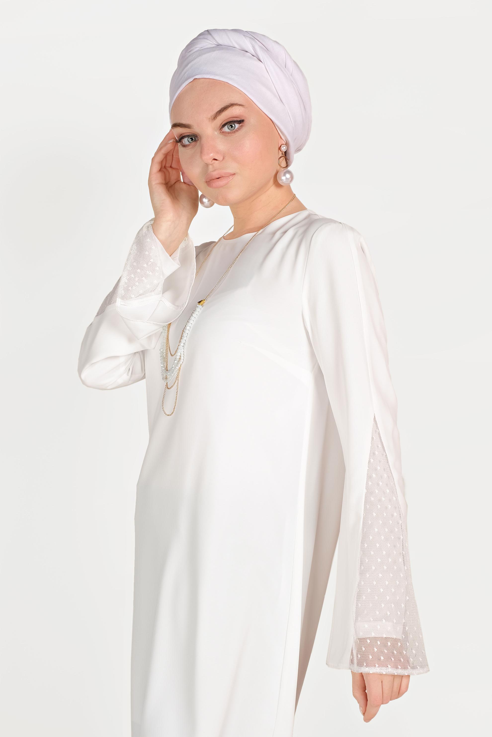 Tesettür giyim BEYAZ KOLLARI TÜLLÜ TUNİK 40444