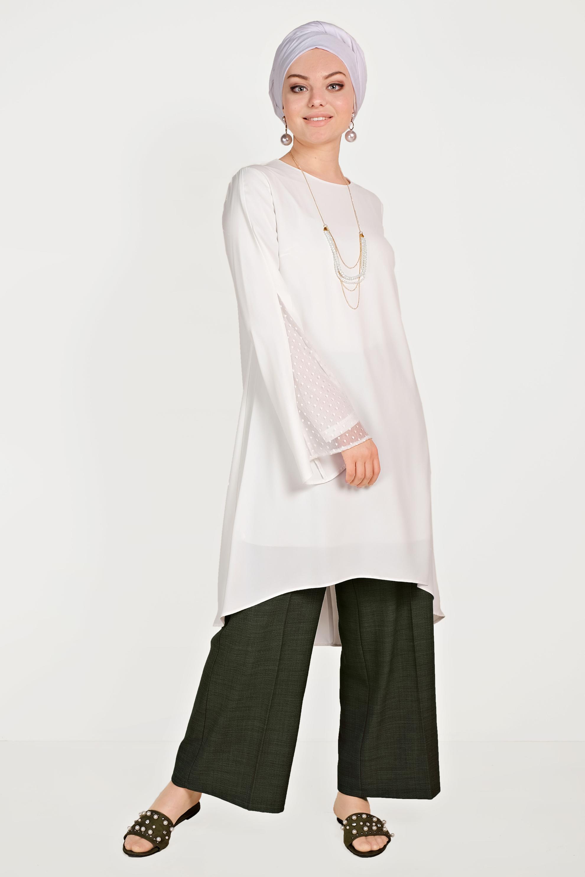 Tesettür giyim BEYAZ KOLLARI TÜLLÜ TUNİK 40444