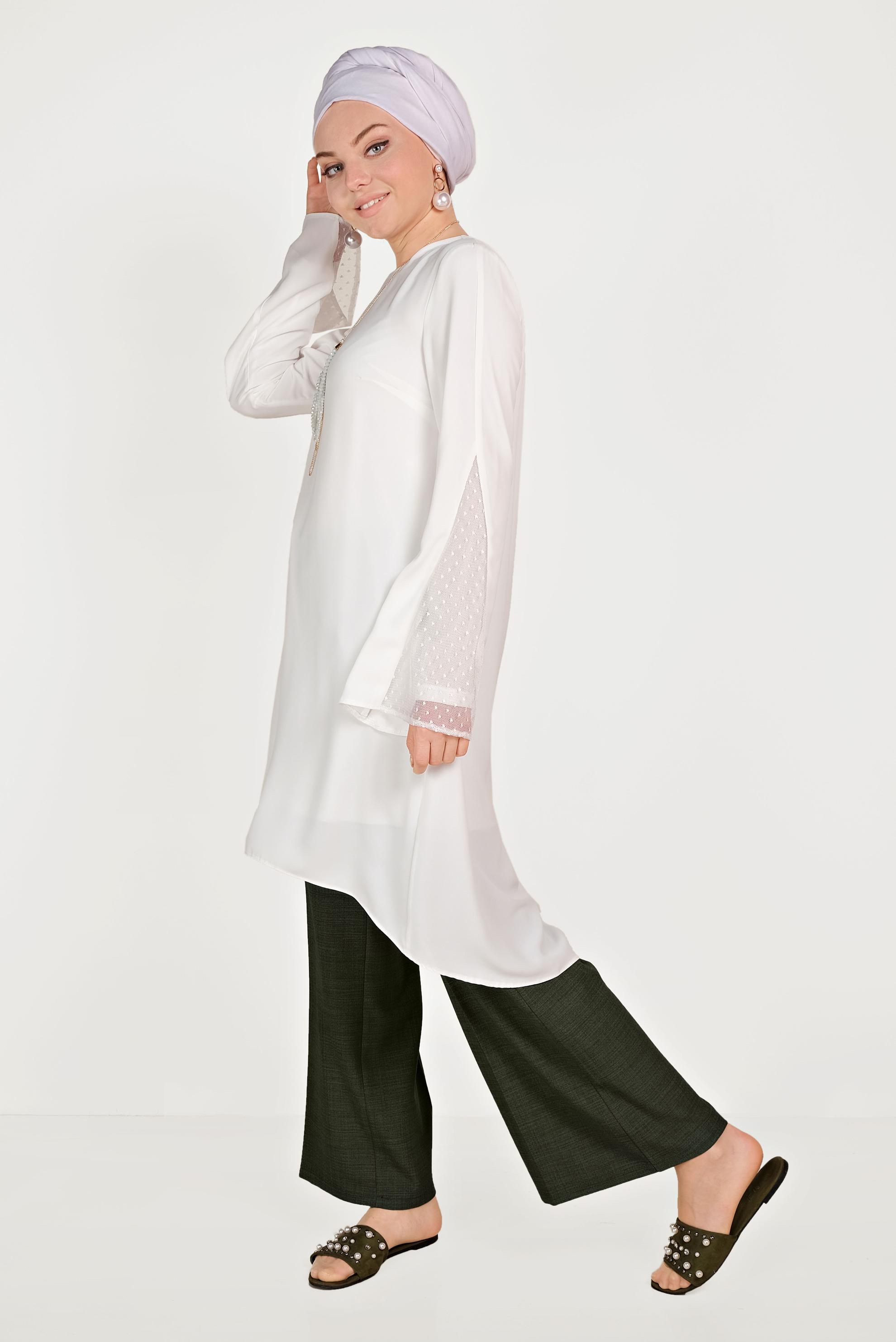 Tesettür giyim BEYAZ KOLLARI TÜLLÜ TUNİK 40444