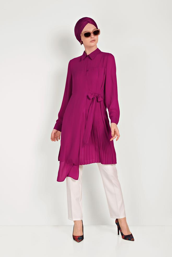 Tesettür giyim  BAĞLAMA DETAYLI PİLİSELİ TUNİK 40445 - ALVİNA