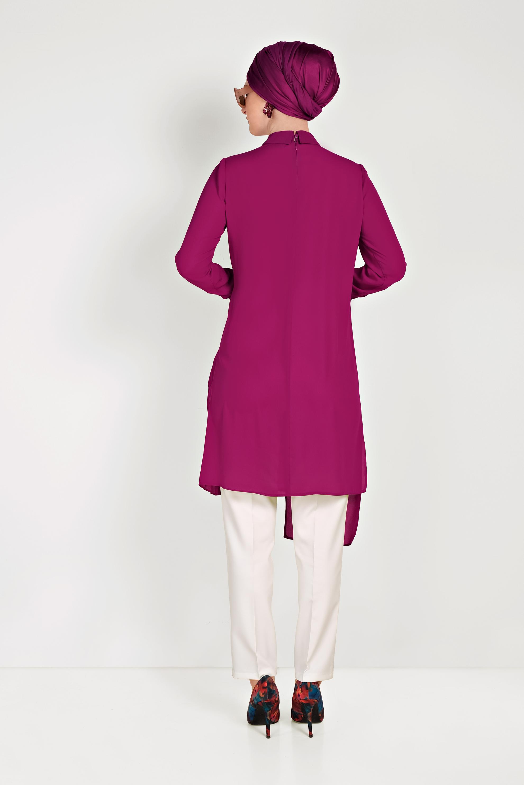 Tesettür giyim MOR BAĞLAMA DETAYLI PİLİSELİ TUNİK 40445