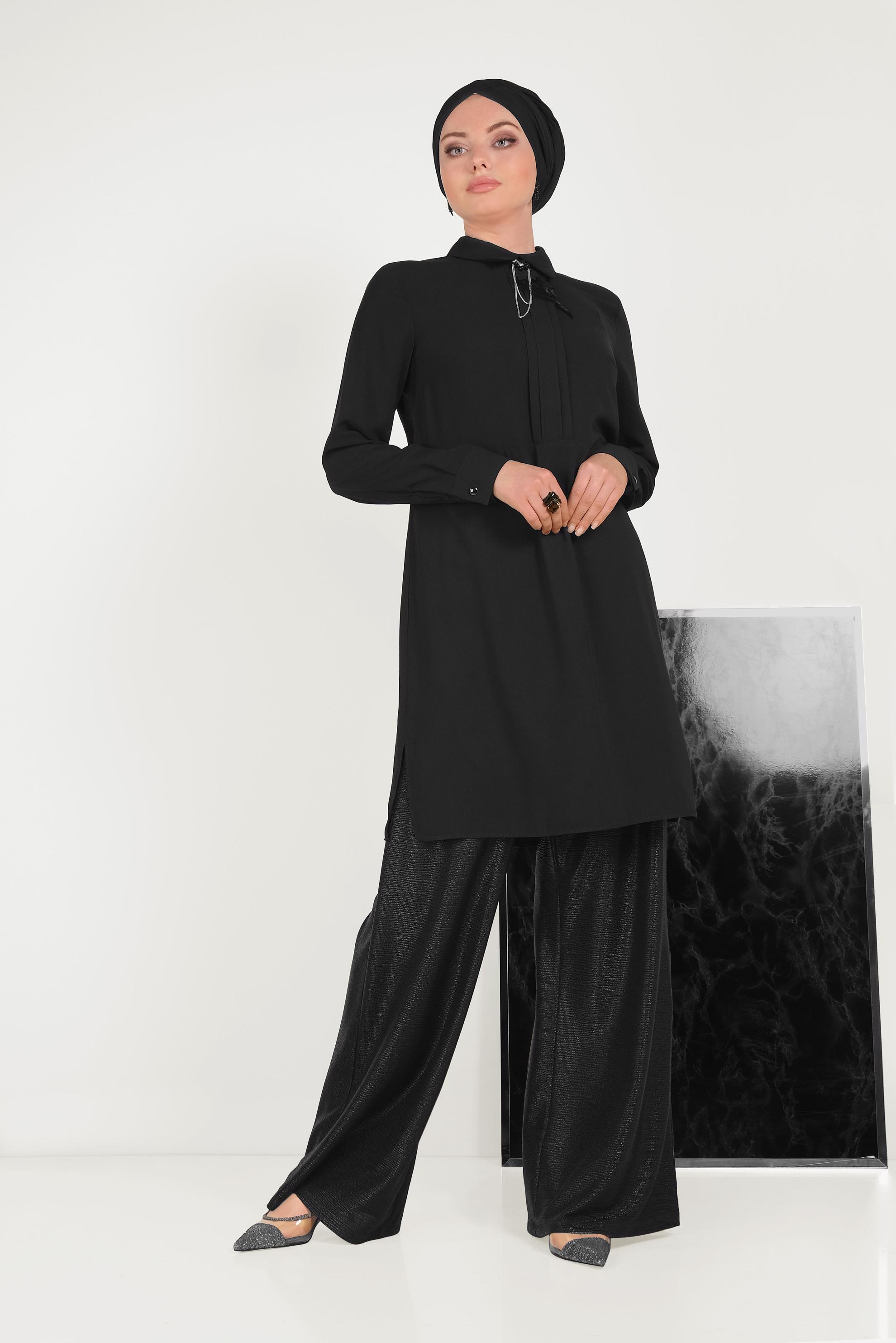 Tesettür giyim SİYAH YAKA DETAYLI KLASİK TUNİK 40446
