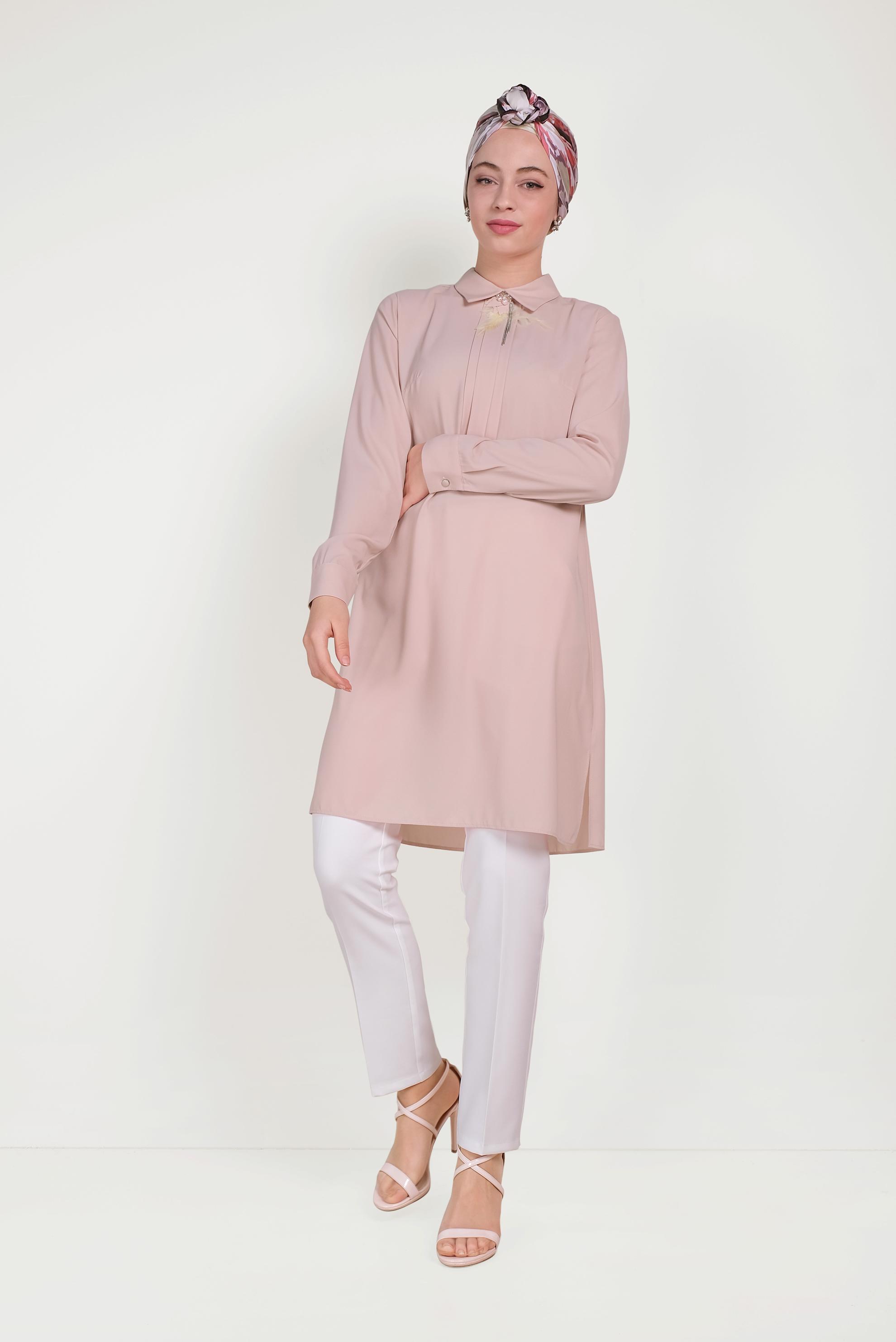 Tesettür giyim PUDRA YAKA DETAYLI KLASİK TUNİK 40446