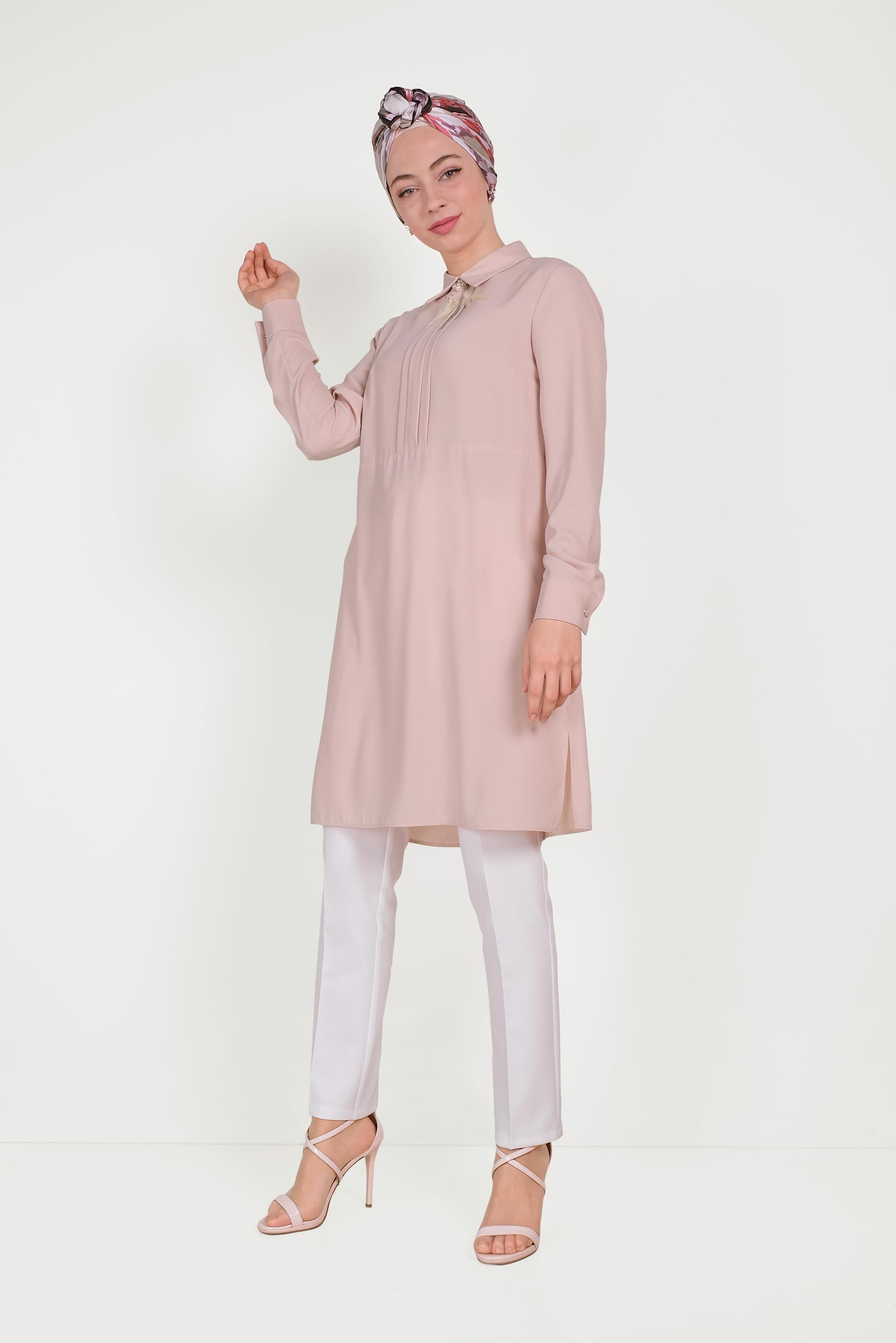Tesettür giyim PUDRA YAKA DETAYLI KLASİK TUNİK 40446