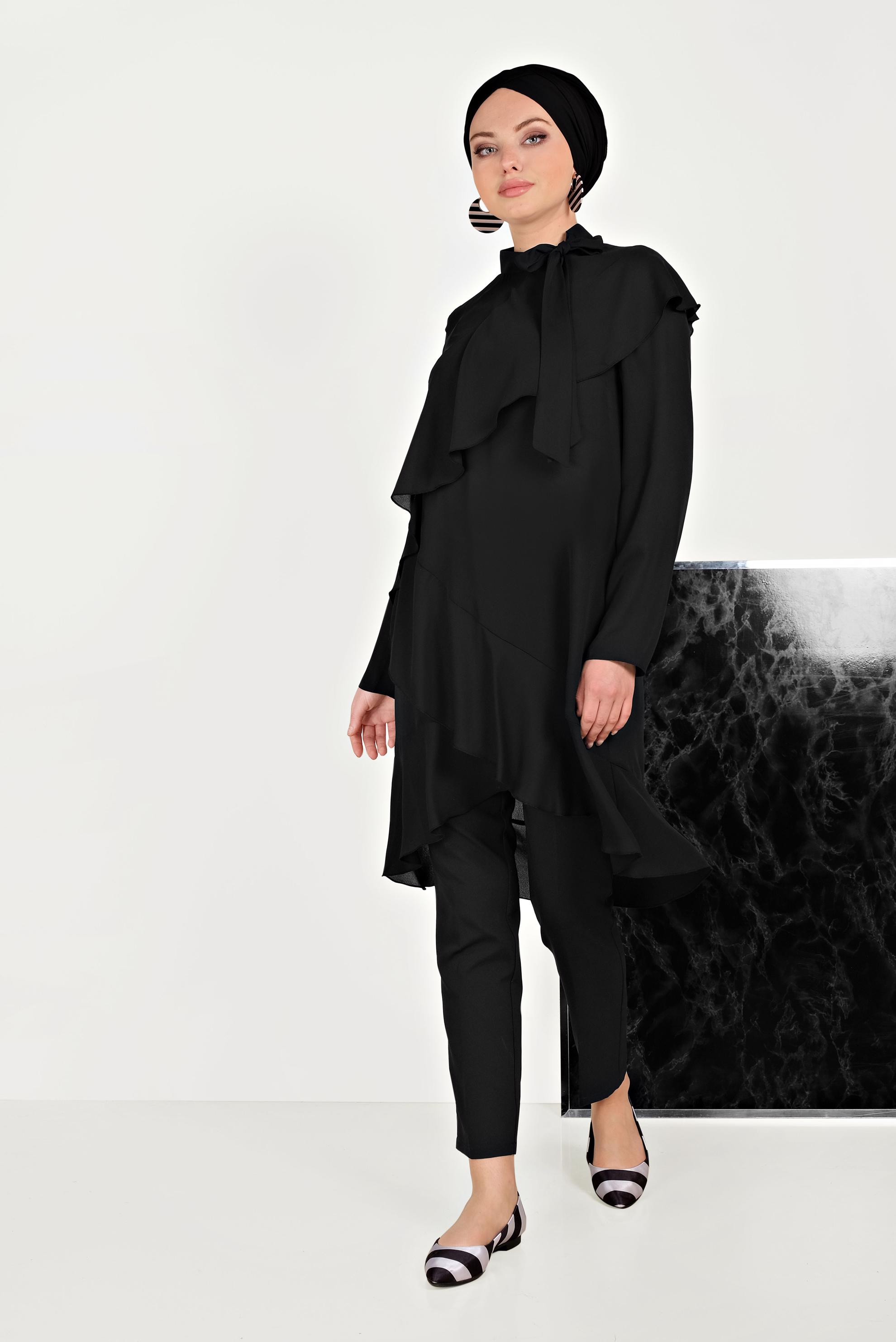 Tesettür giyim SİYAH BOYUNDAN BAĞLAMALI ASİMETRİK TUNİK 40447