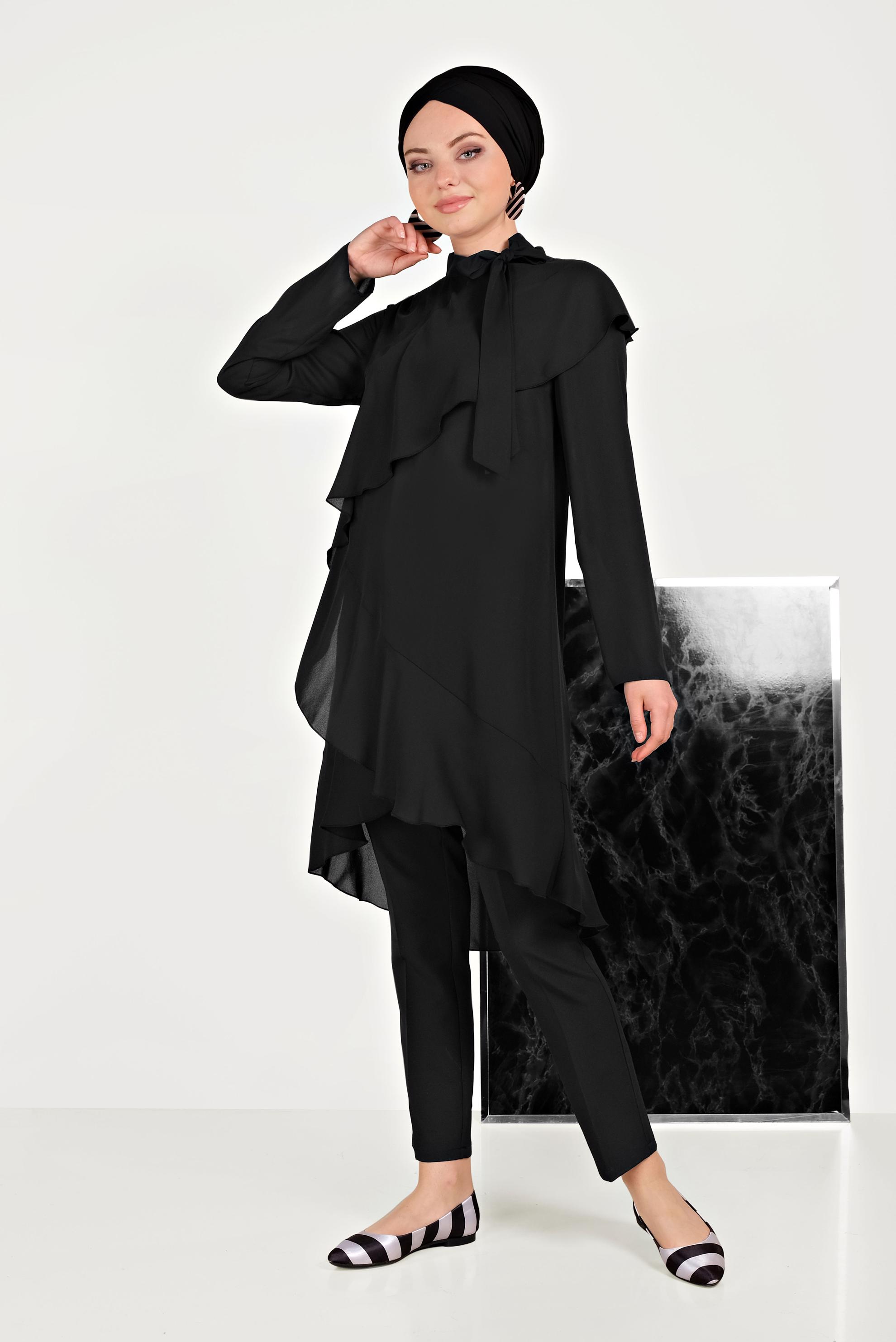 Tesettür giyim SİYAH BOYUNDAN BAĞLAMALI ASİMETRİK TUNİK 40447