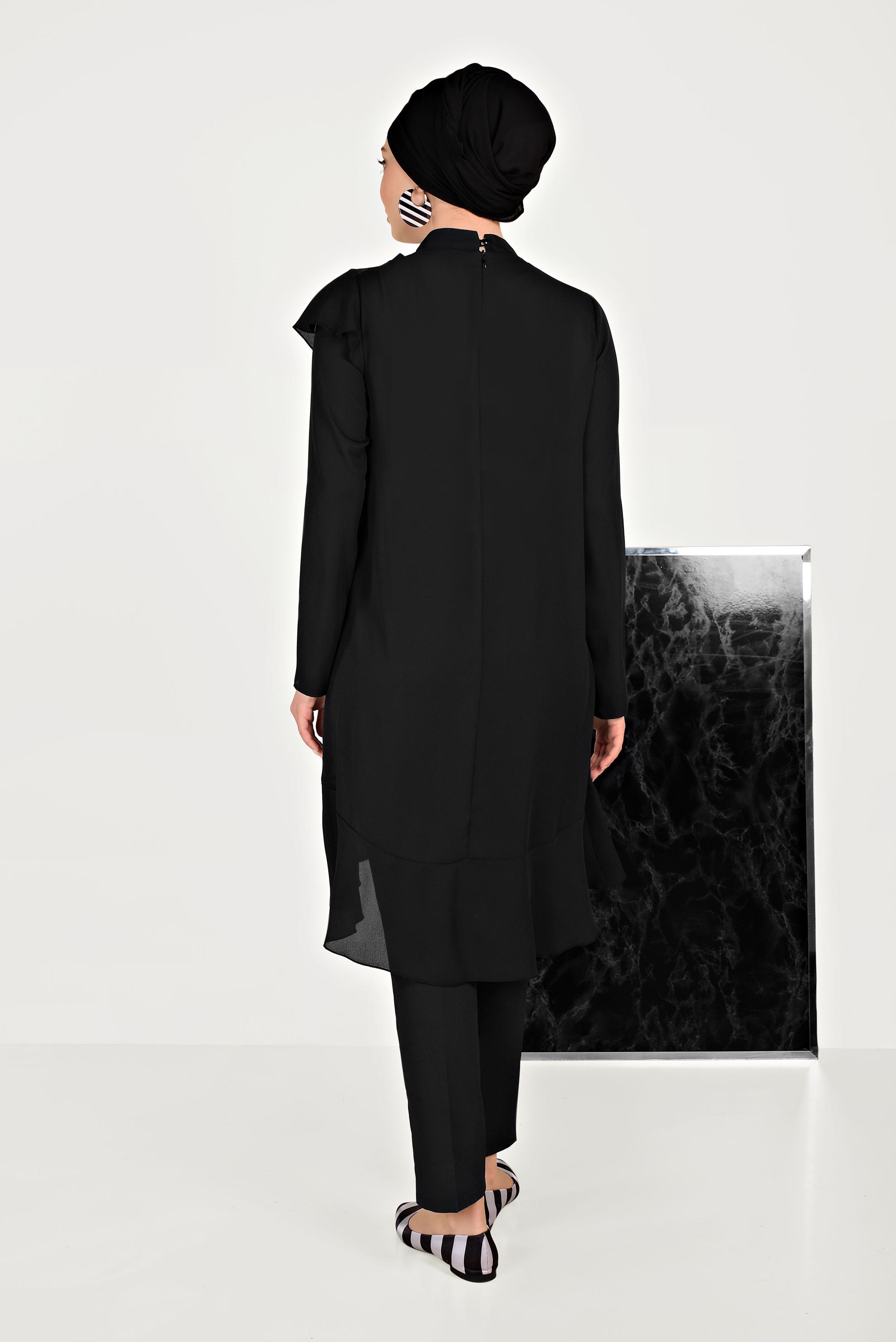 Tesettür giyim SİYAH BOYUNDAN BAĞLAMALI ASİMETRİK TUNİK 40447