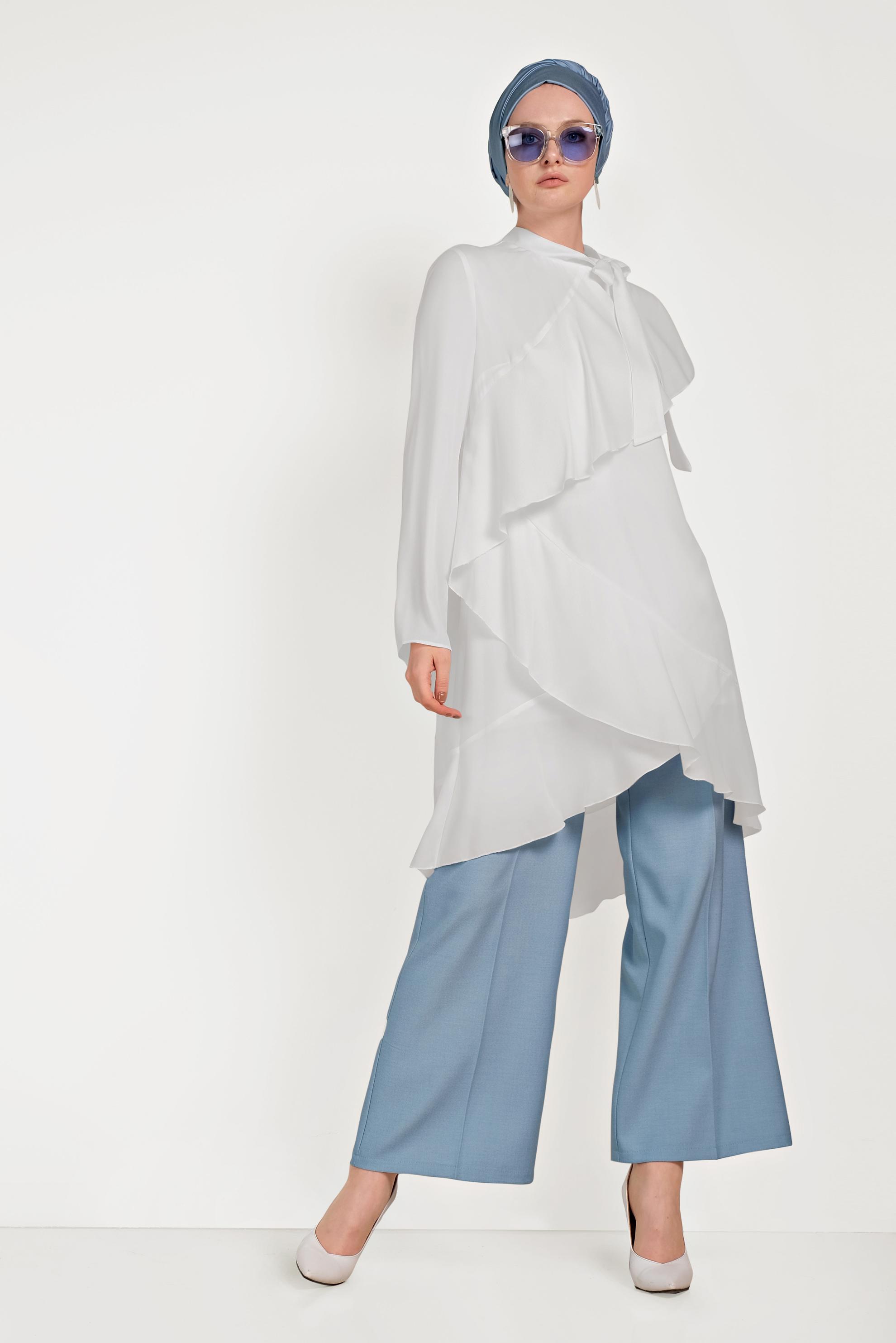 Tesettür giyim BEYAZ BOYUNDAN BAĞLAMALI ASİMETRİK TUNİK 40447