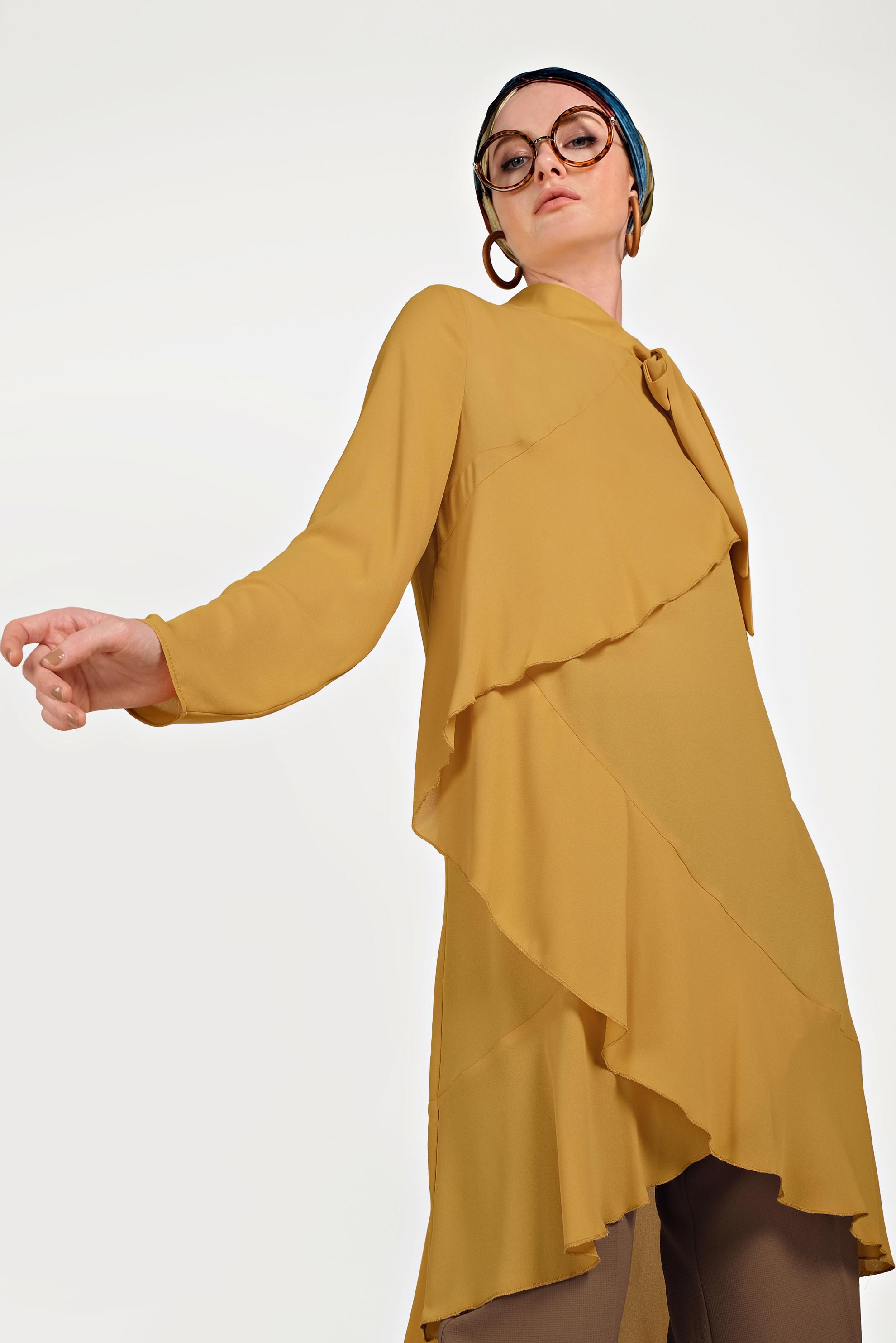 Tesettür giyim SARI BOYUNDAN BAĞLAMALI ASİMETRİK TUNİK 40447