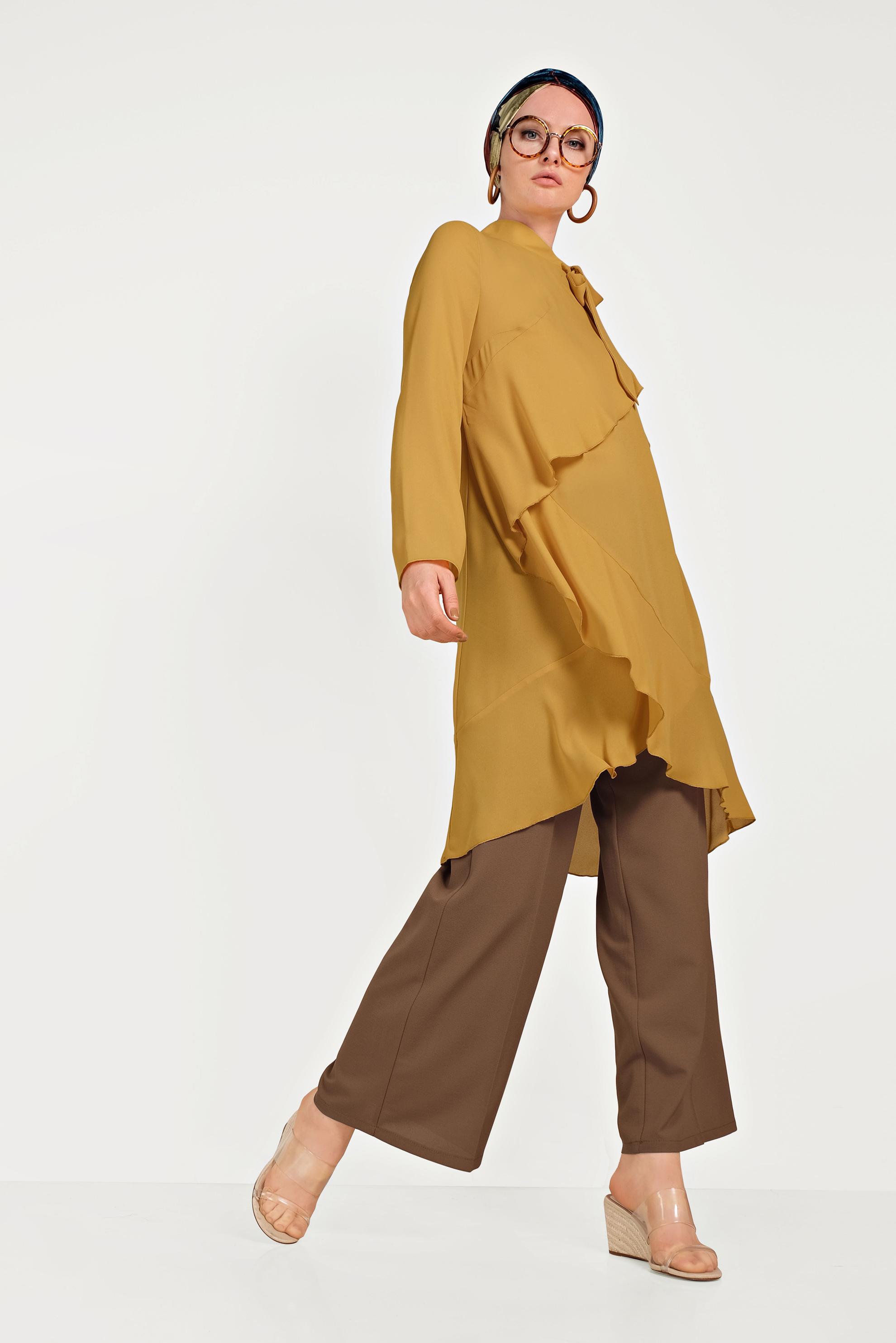 Tesettür giyim SARI BOYUNDAN BAĞLAMALI ASİMETRİK TUNİK 40447