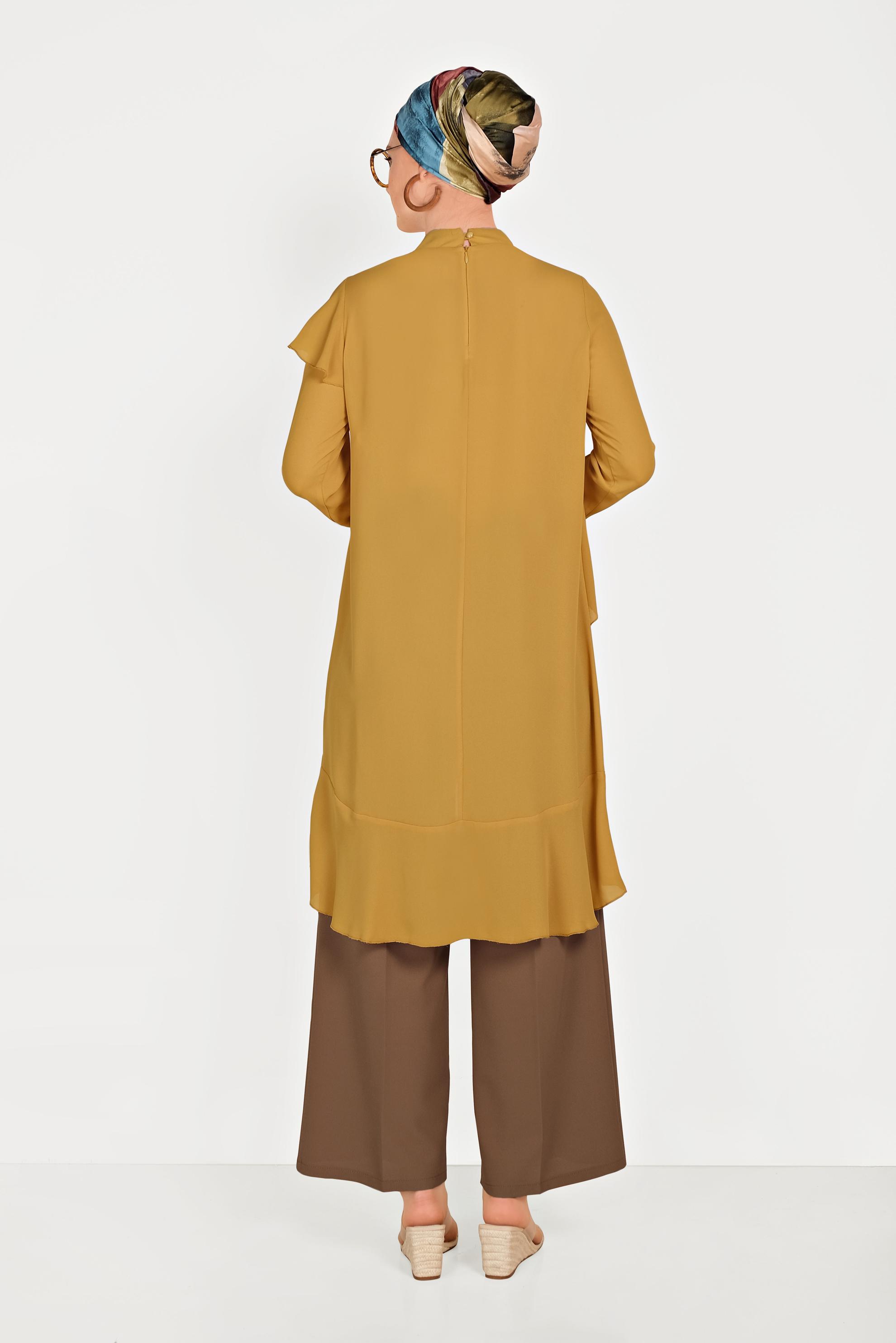 Tesettür giyim SARI BOYUNDAN BAĞLAMALI ASİMETRİK TUNİK 40447