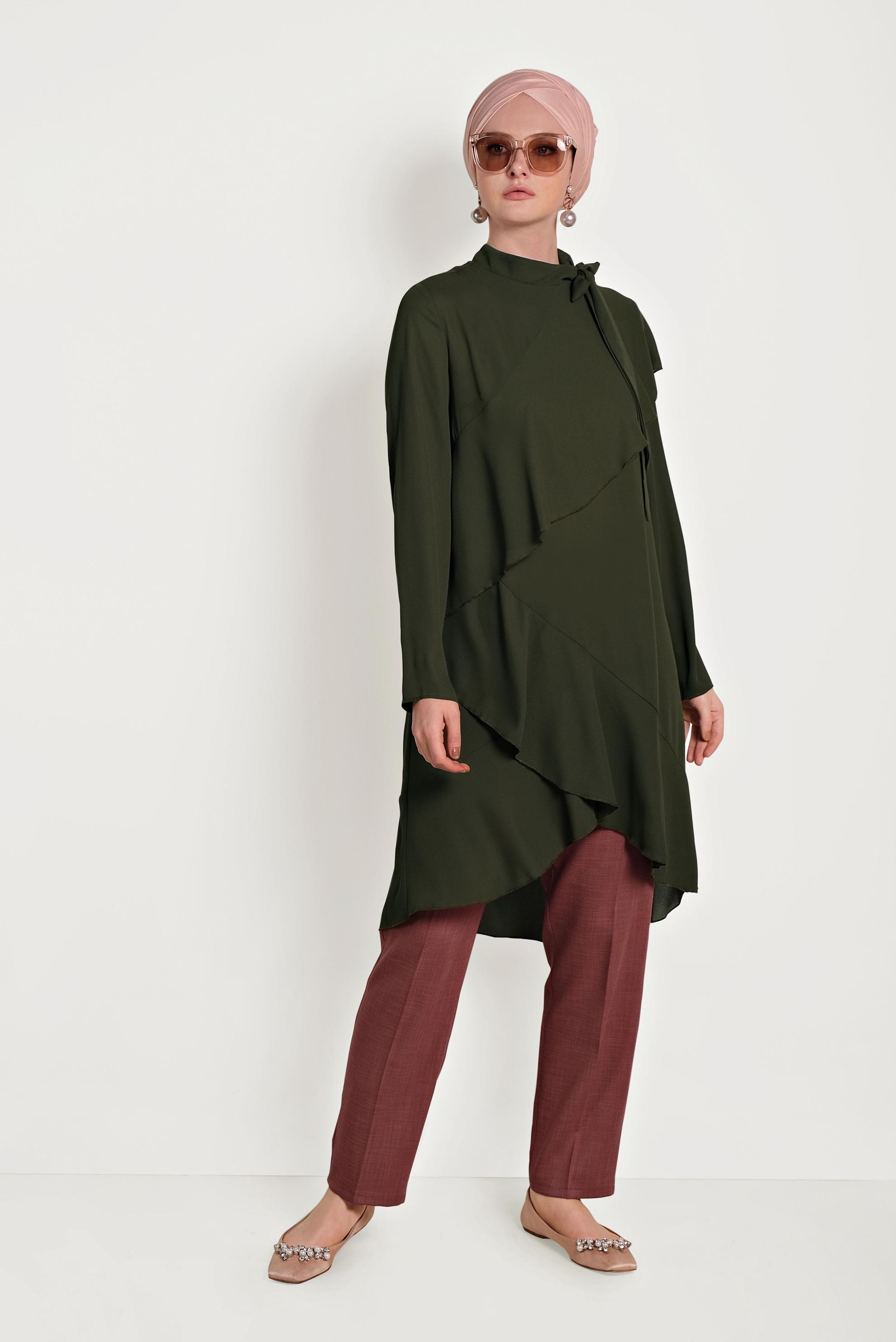 Tesettür giyim HAKİ BOYUNDAN BAĞLAMALI ASİMETRİK TUNİK 40447