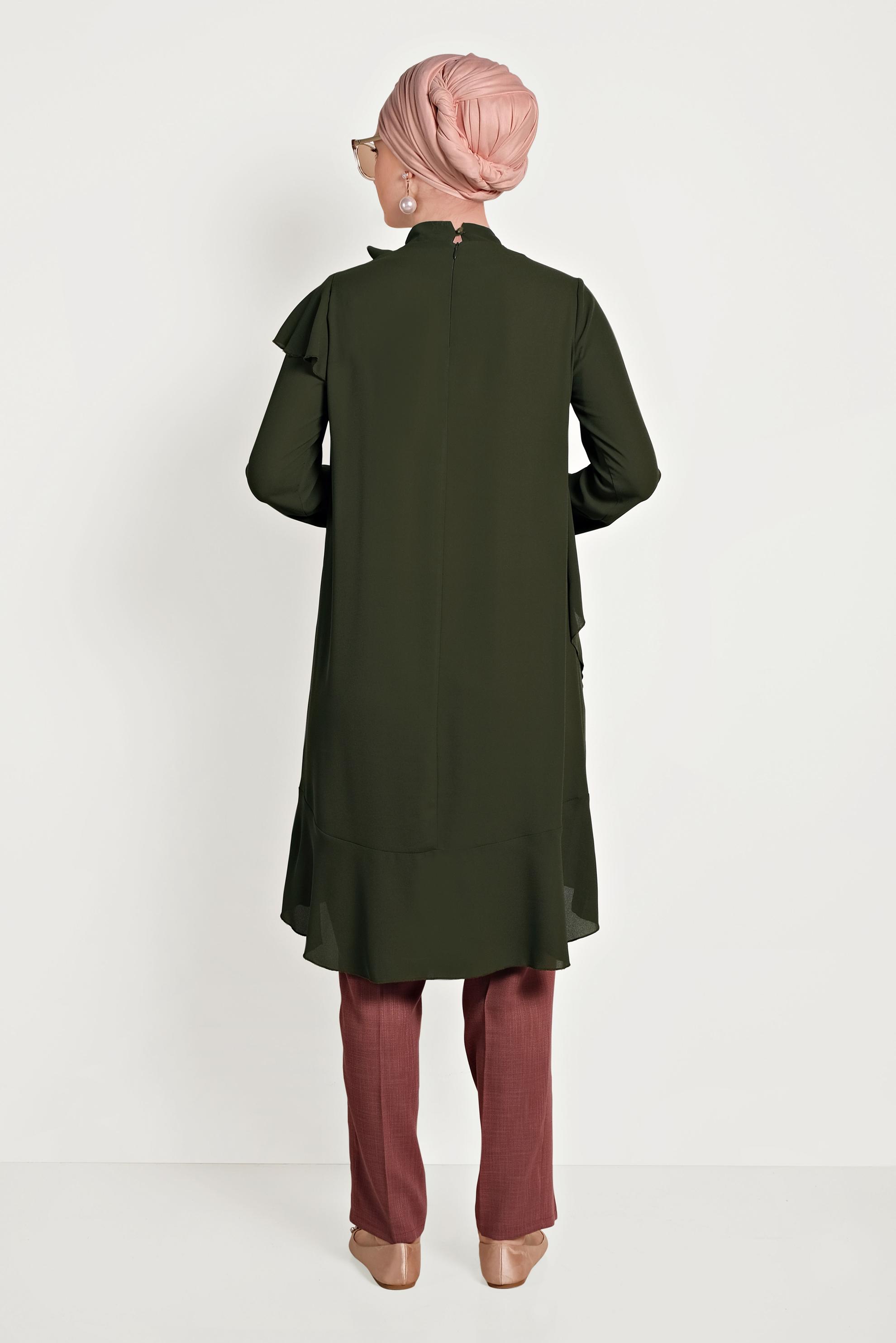 Tesettür giyim HAKİ BOYUNDAN BAĞLAMALI ASİMETRİK TUNİK 40447