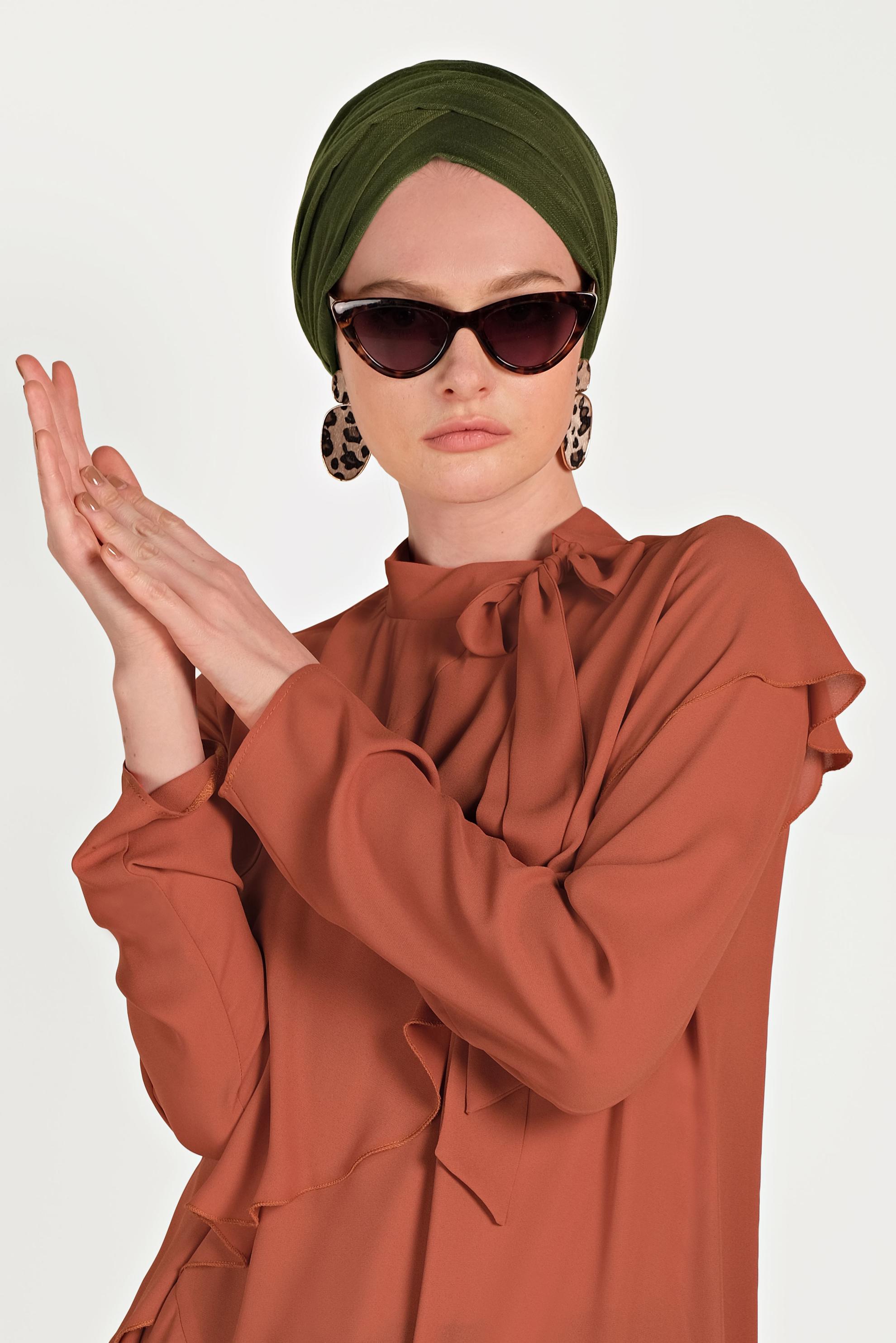 Tesettür giyim TABA BOYUNDAN BAĞLAMALI ASİMETRİK TUNİK 40447