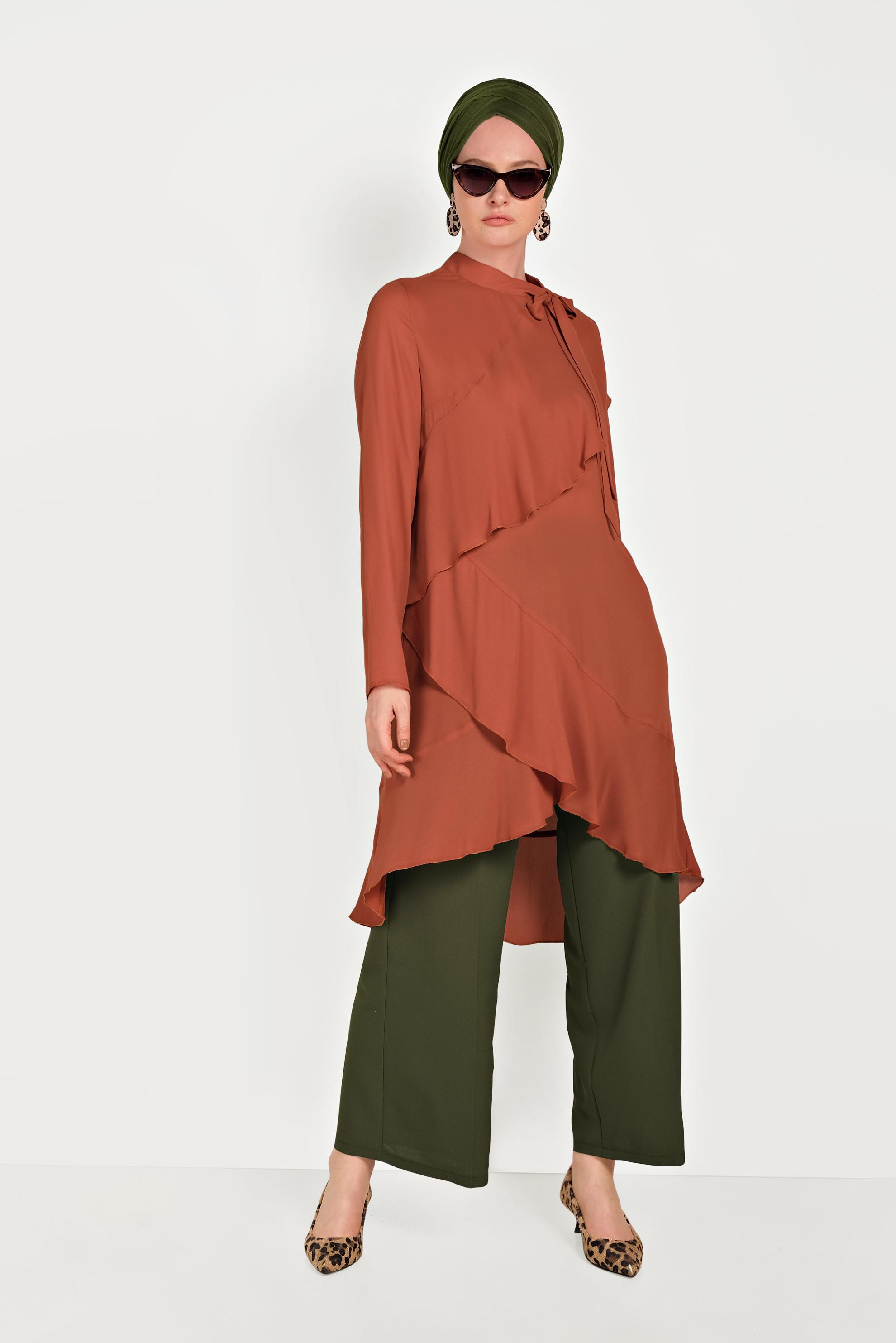 Tesettür giyim TABA BOYUNDAN BAĞLAMALI ASİMETRİK TUNİK 40447