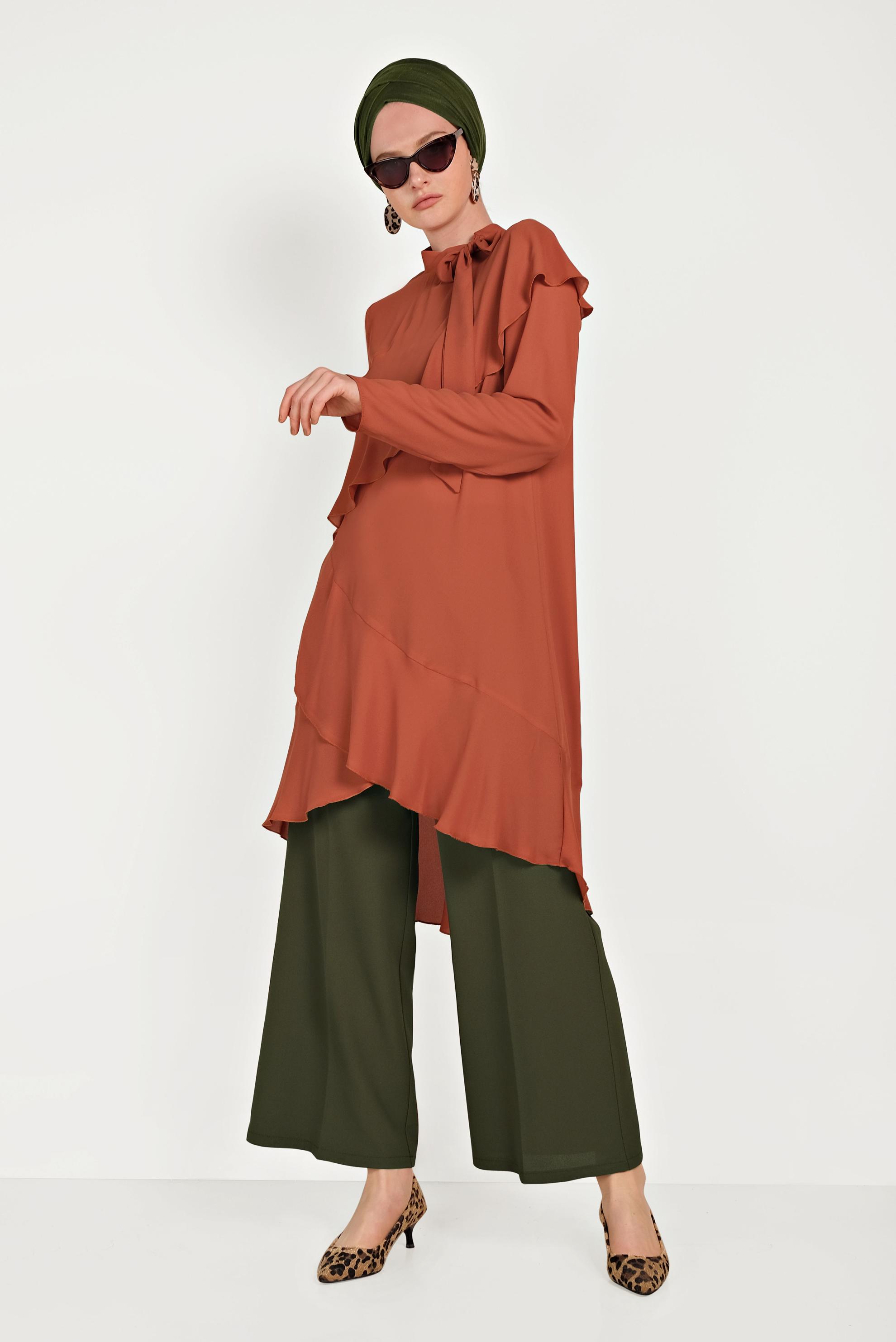 Tesettür giyim TABA BOYUNDAN BAĞLAMALI ASİMETRİK TUNİK 40447