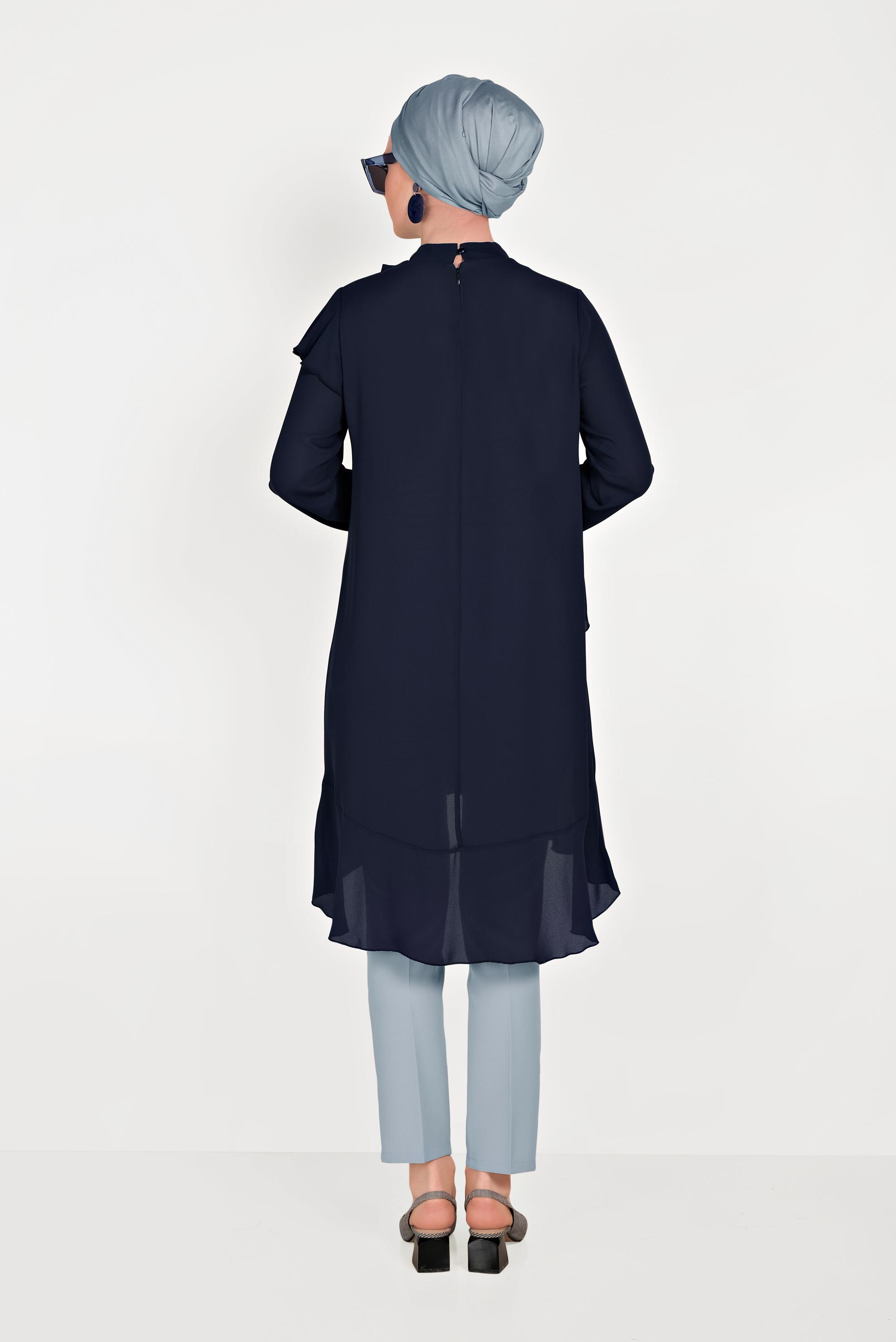 Tesettür giyim LACİVERT BOYUNDAN BAĞLAMALI ASİMETRİK TUNİK 40447