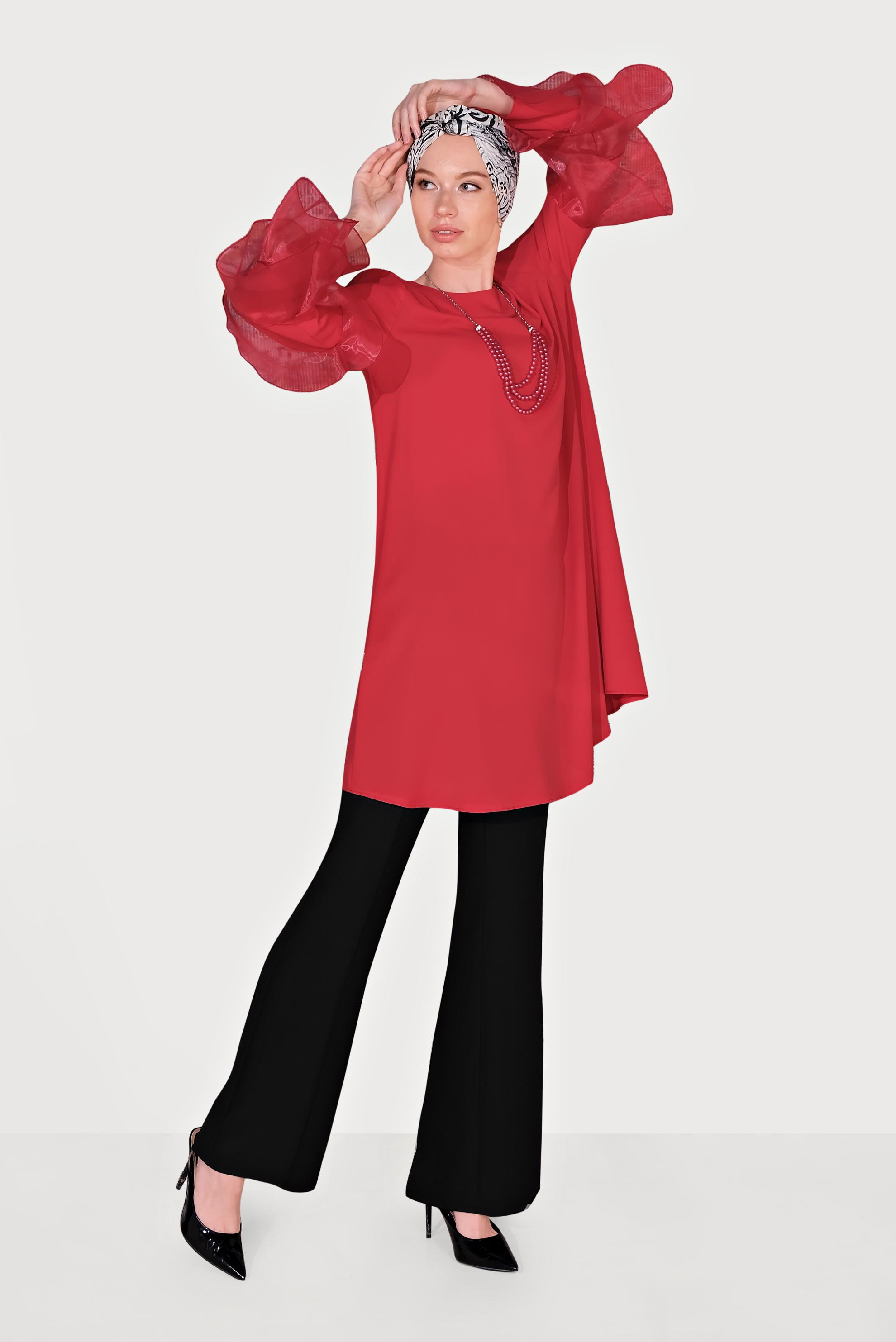 Tesettür giyim KIRMIZI GENİŞ KOLLU TUNİK 40448