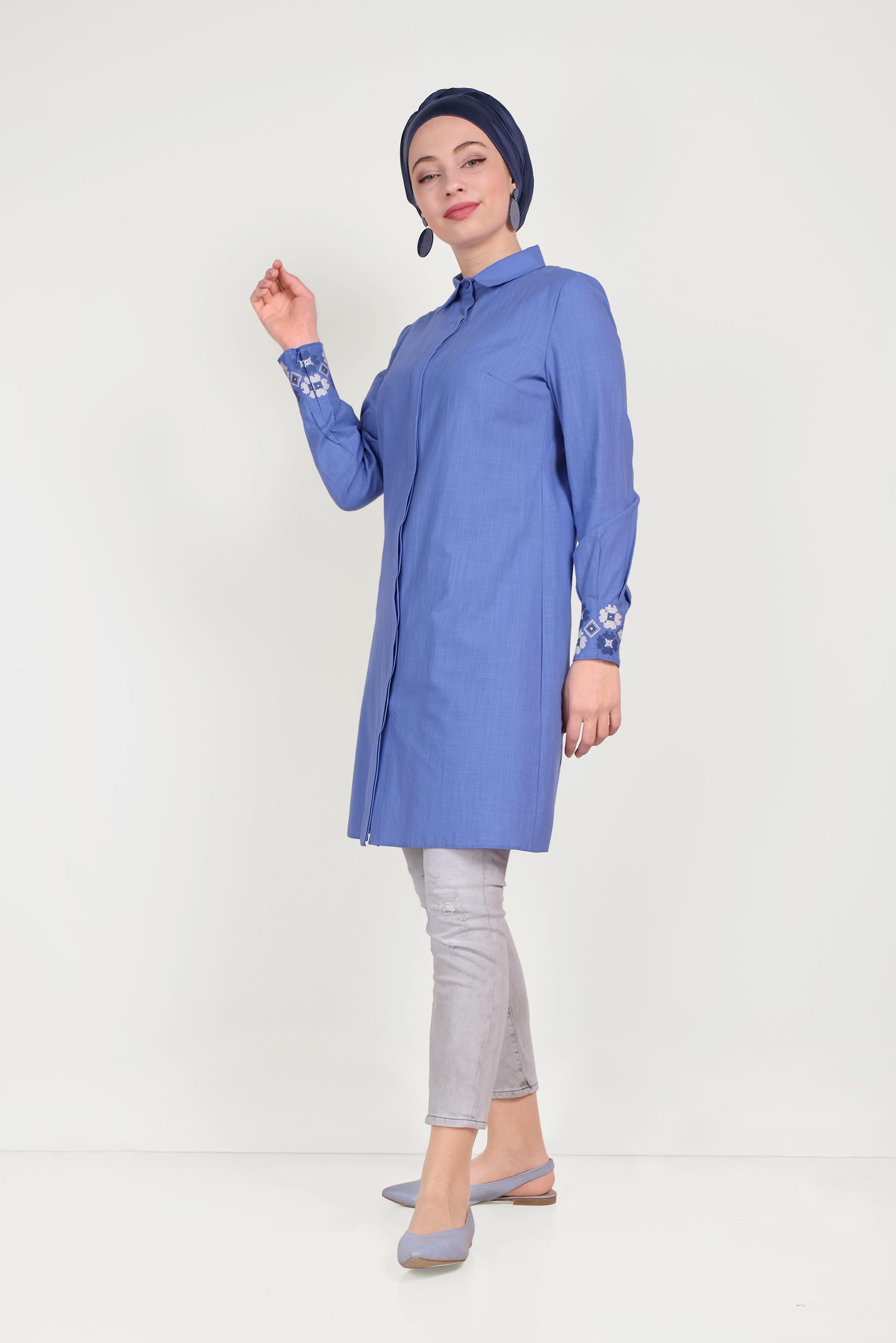 Hijab clothing BLUE COTTON EMBROIDERED TUNIC 40449 