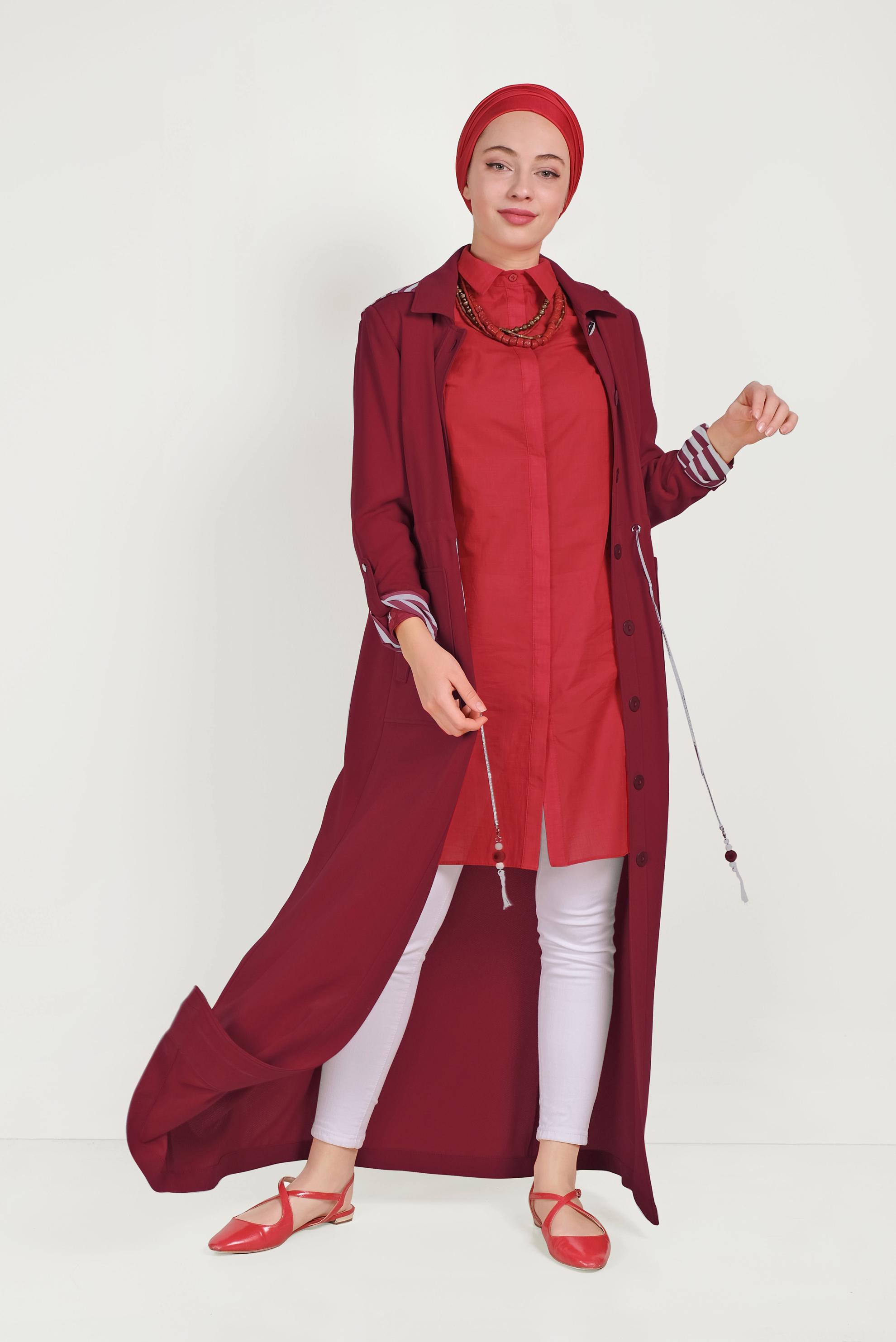 Tesettür giyim KIRMIZI PAMUKLU NAKIŞLI TUNİK 40449