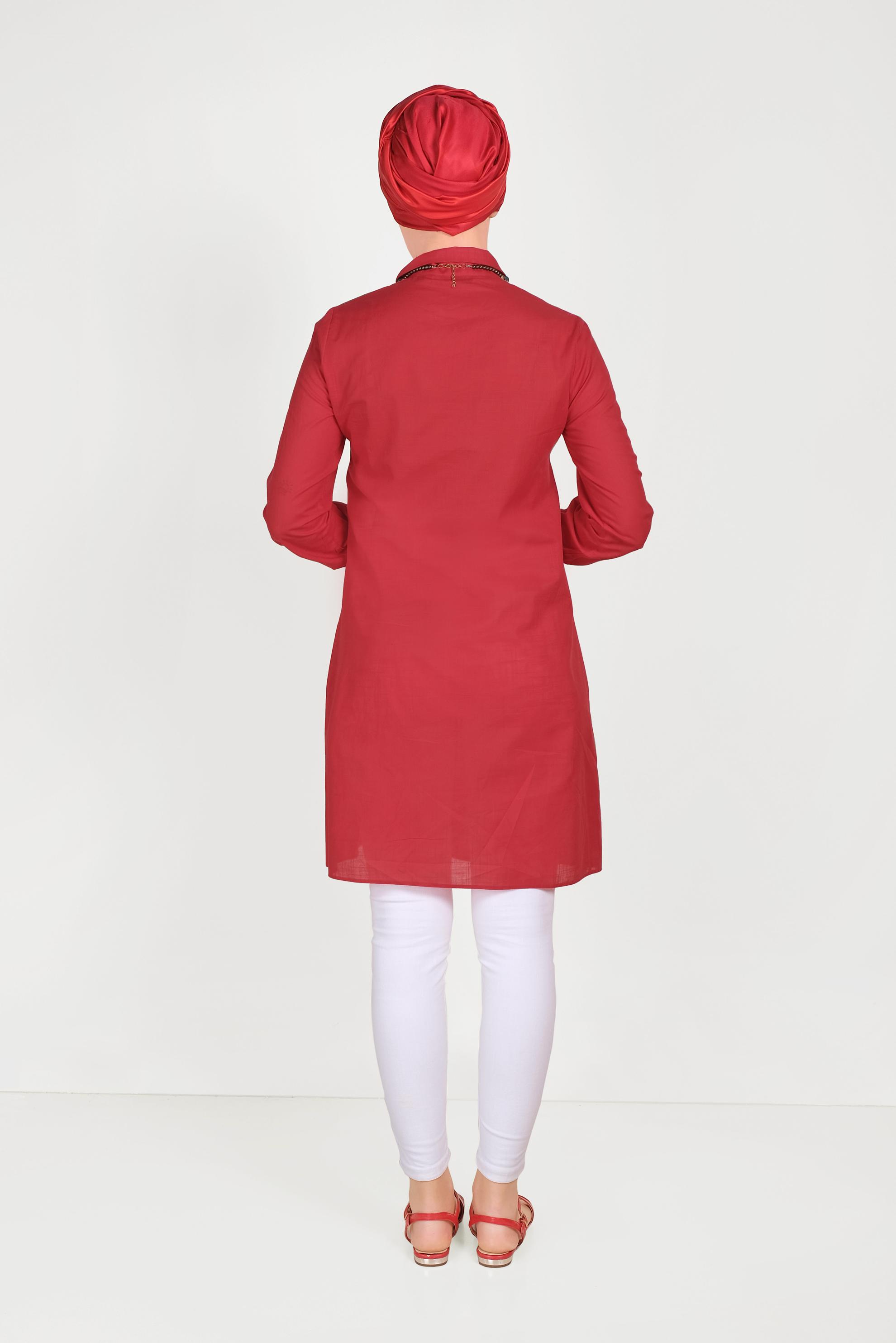 Tesettür giyim KIRMIZI PAMUKLU NAKIŞLI TUNİK 40449