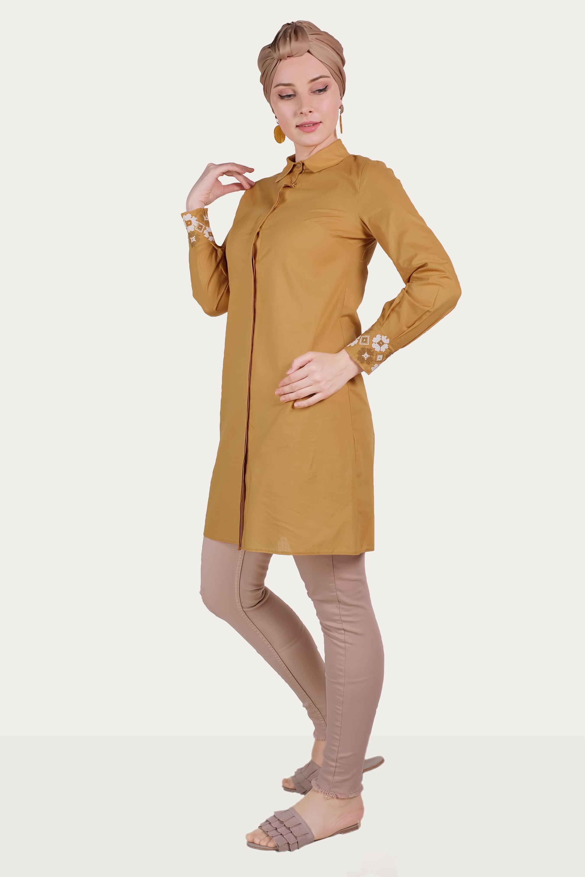 Tesettür giyim SARI PAMUKLU NAKIŞLI TUNİK 40449