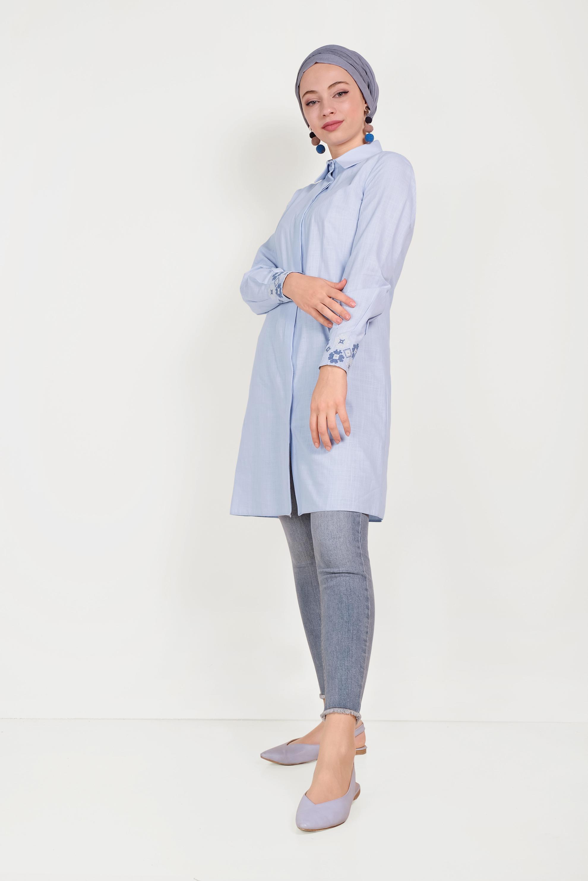 Tesettür giyim MAVİ PAMUKLU NAKIŞLI TUNİK 40449
