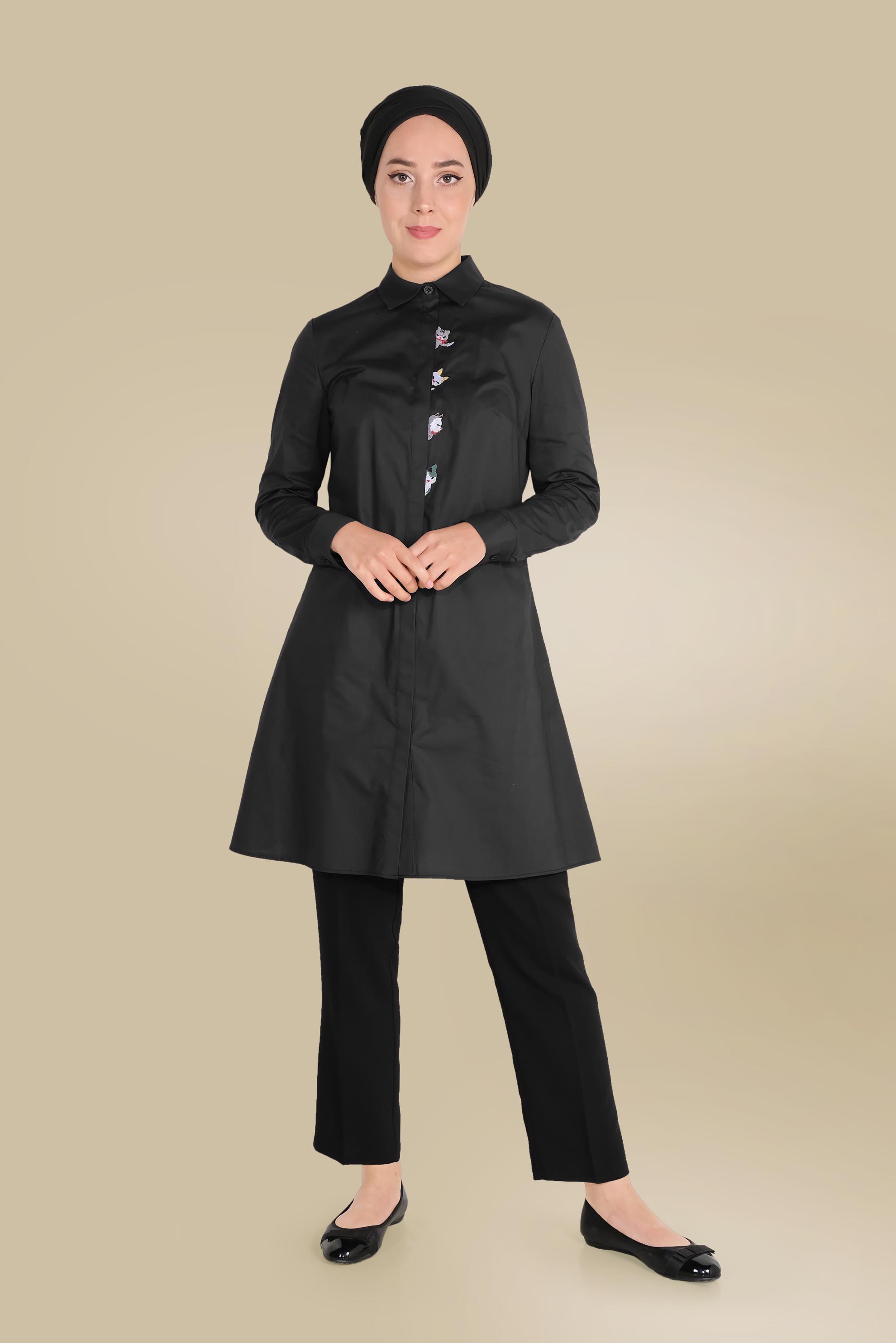 Hijab clothing BLACK CAT FIGURES EMBROIDERED COTTON TUNIC 40450