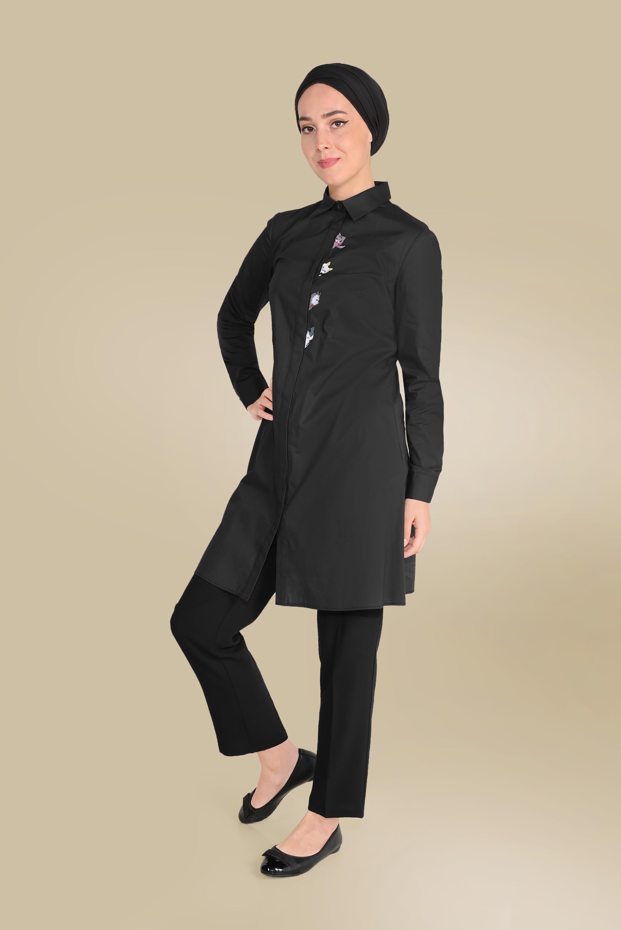 Hijab clothing BLACK CAT FIGURES EMBROIDERED COTTON TUNIC 40450